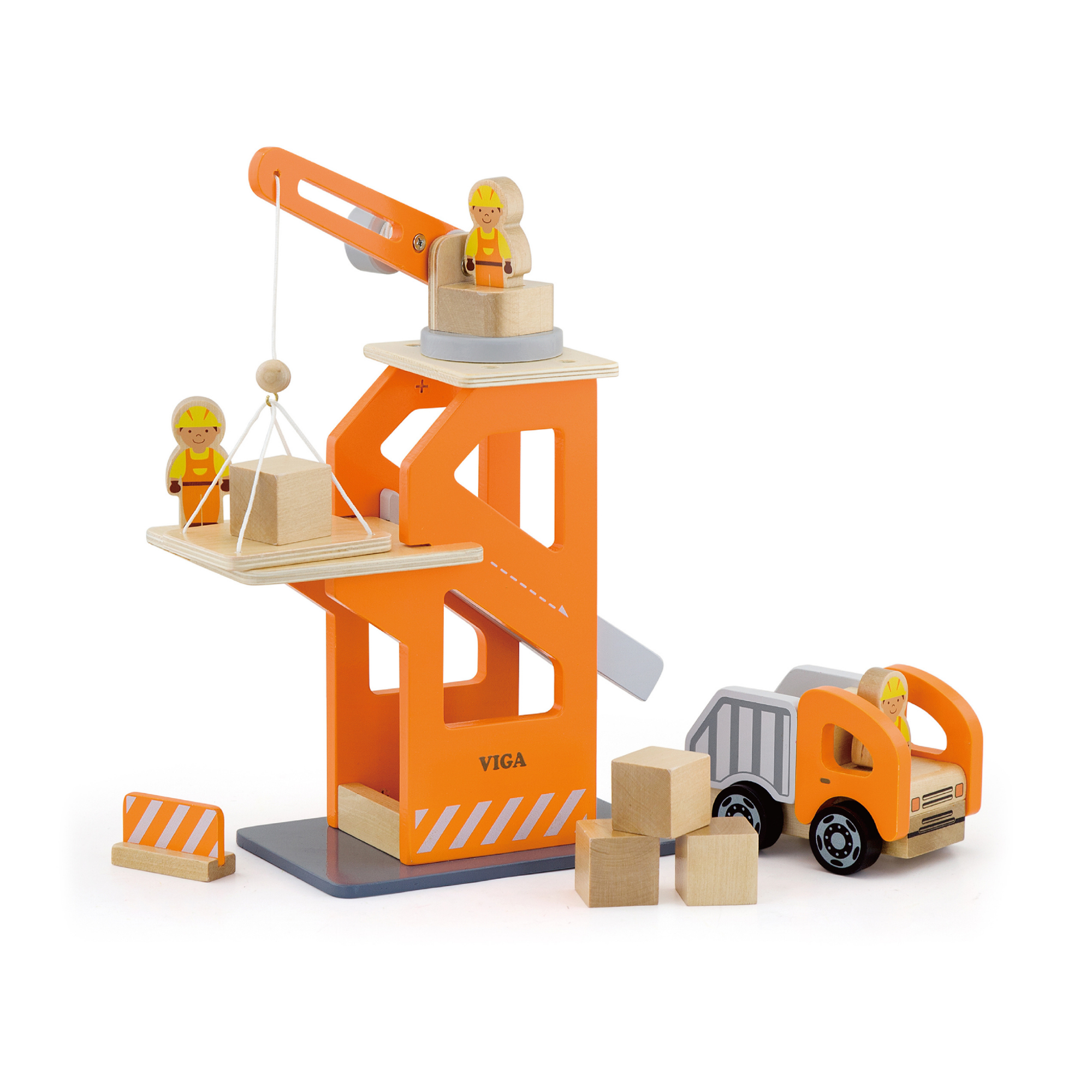 VIGA Wooden Crane Lift with Dumper 3 Builder Figures, Dump Truck, Blocks, and Accessories Construction Role Play Toy for Kids Ages 3 and Up