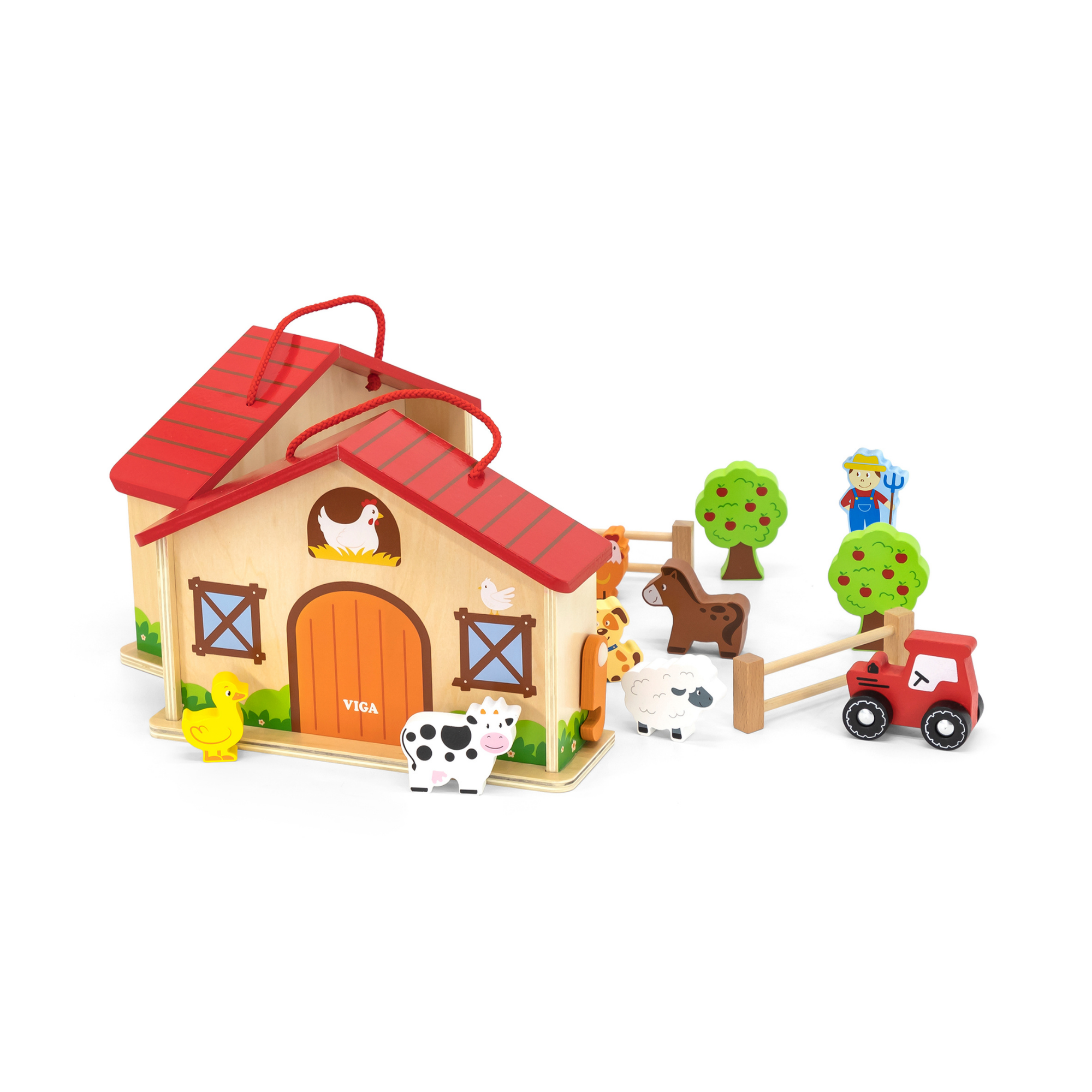 VIGA Wooden Farm Play Set in a Suitcase 20 Piece Farmhouse with Barn, Henhouse, Tractor, Animals, and Accessories Portable Role Play Toy for Kids Ages 3 and Up
