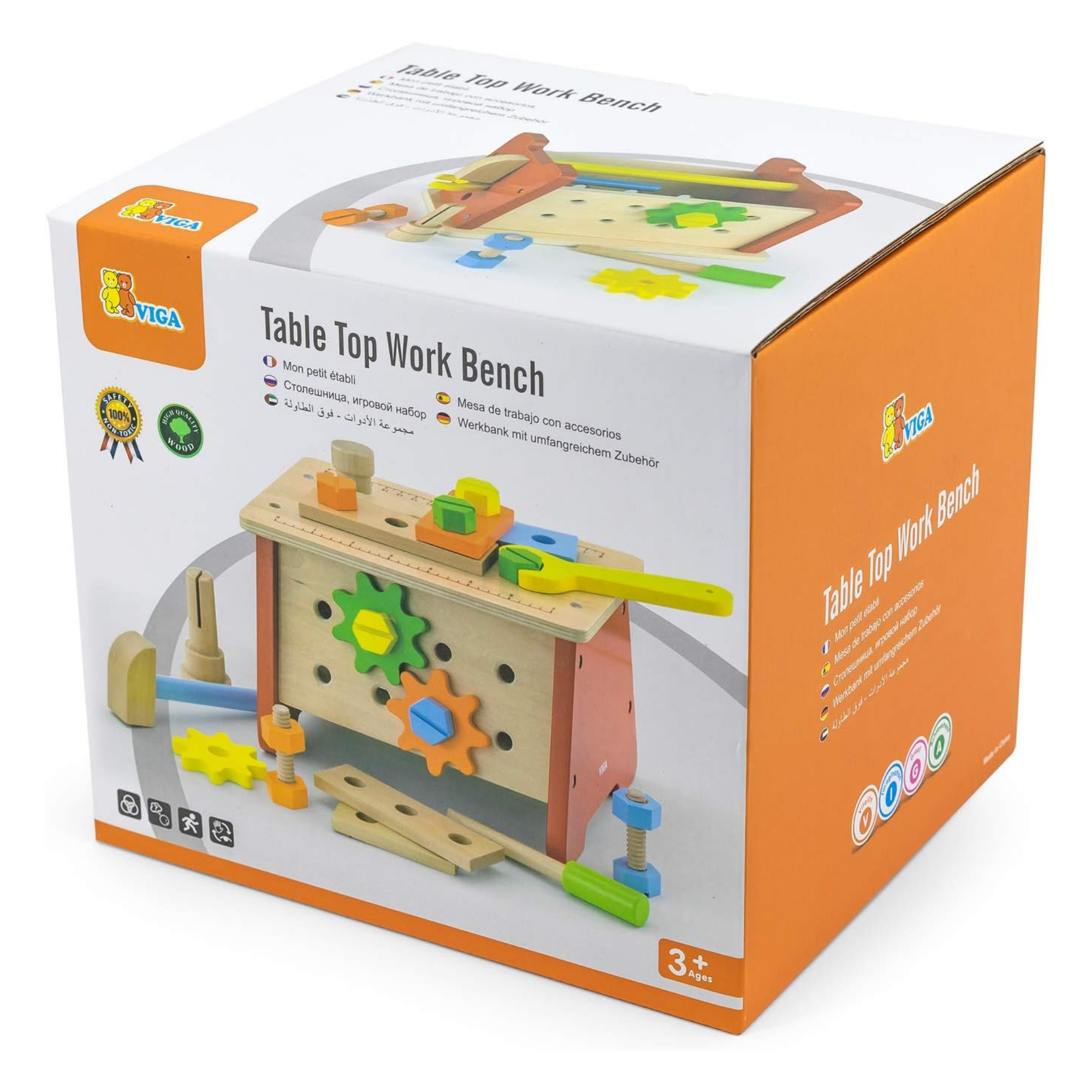 VIGA Wooden Table Top Work Bench 2-in-1 Tool Box and Mini Workstation for Kids Aged 3+ Pretend Play Construction Set with Wooden Tools and Accessories