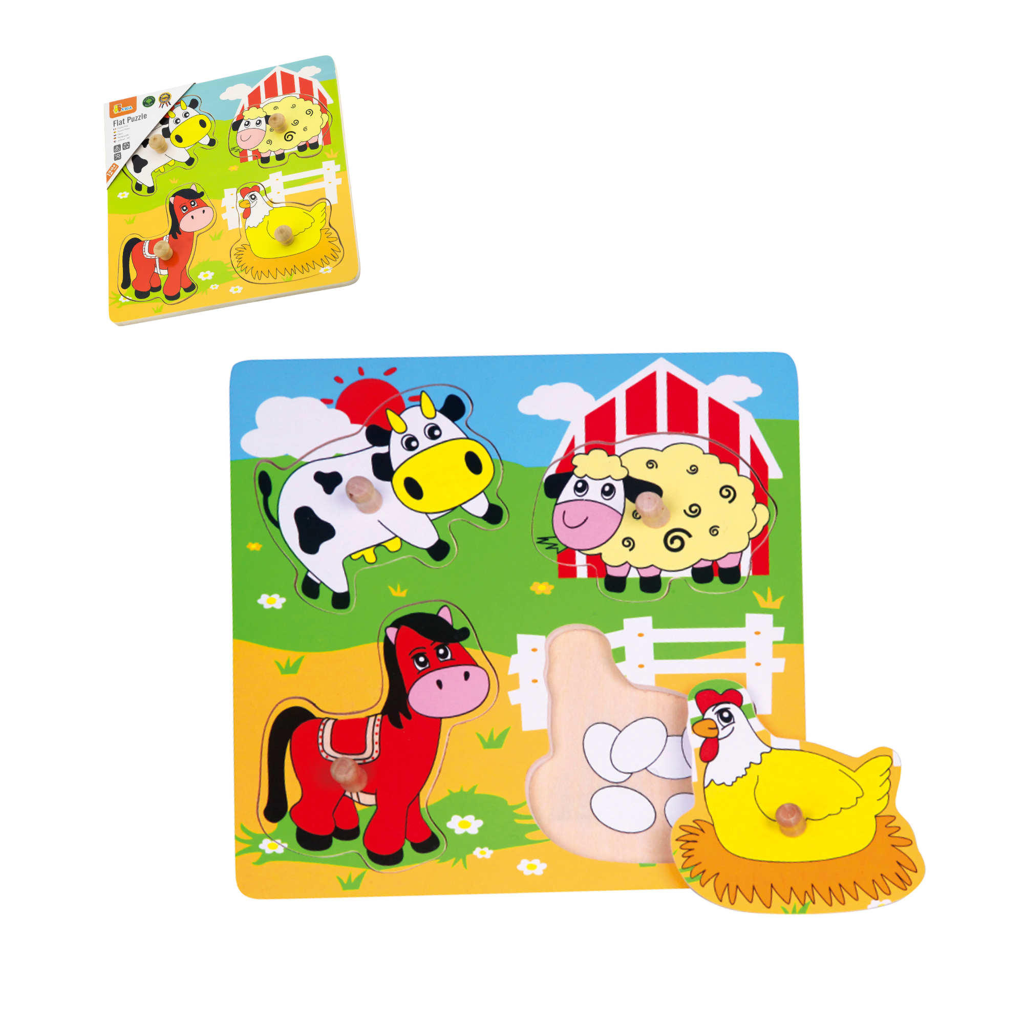 Viga Farm Animals, 4 Piece Knob Puzzle, Montessori Wooden Toy, Develops Sensory, Cognitive & Fine Motor Skills, Non-Toxic & Eco-friendly Kids Educational Toy, Suitable for Boys & Girls Aged 12M+