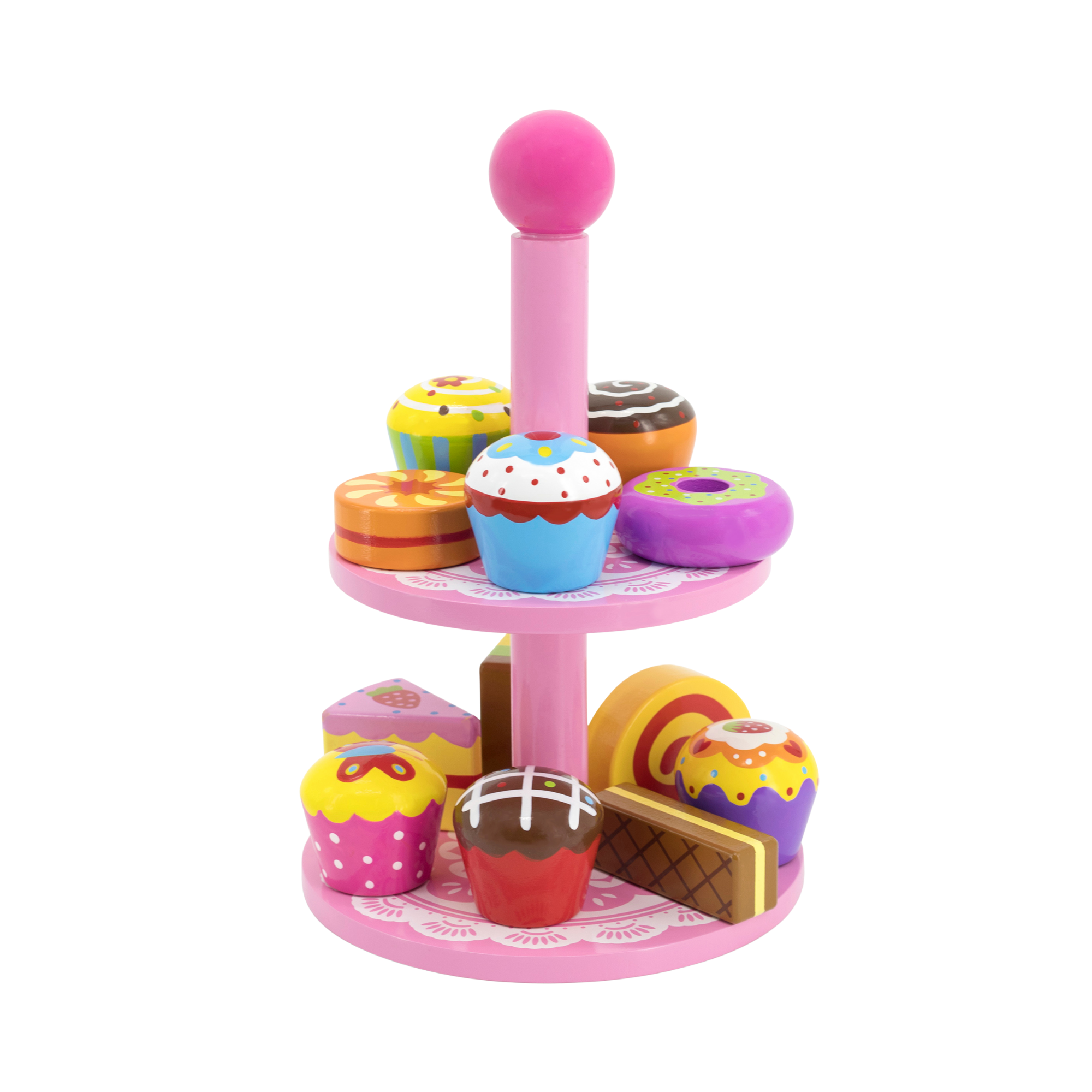 VIGA Wooden Cupcake Stand Toy  12-Piece Pretend Play Dessert Set with Cookies and Cupcakes  Safe Educational Roleplay Toy for Children Aged 3 and Up