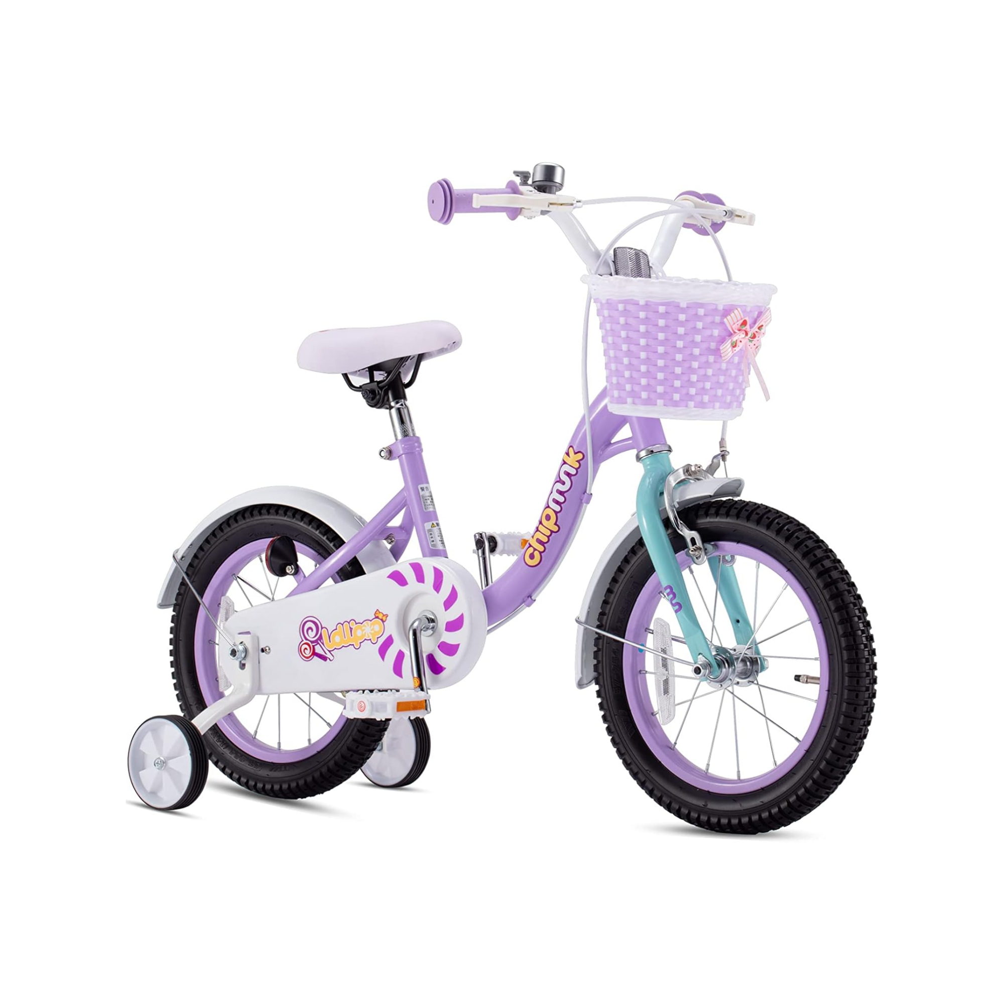 Chipmunk MM 14 Inch Bicycle with Lightweight Steel Frame, Basket, Adjustable Seat and Handle, Front + Rear Brakes, 85% Pre-Assembled Kid's Bikes with Training Wheels for Children 3-6 Years Old, Purple
