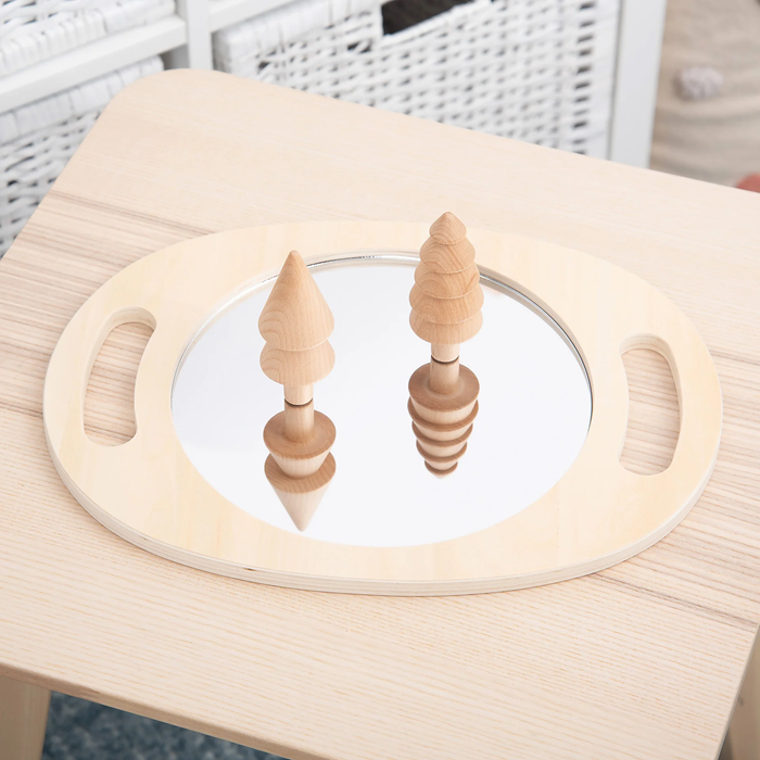 tickit Hand Held Wooden Mirror – A lightweight, easy-to-hold wooden framed mirror designed for hands-on sensory play, self-observation, role play, and learning.