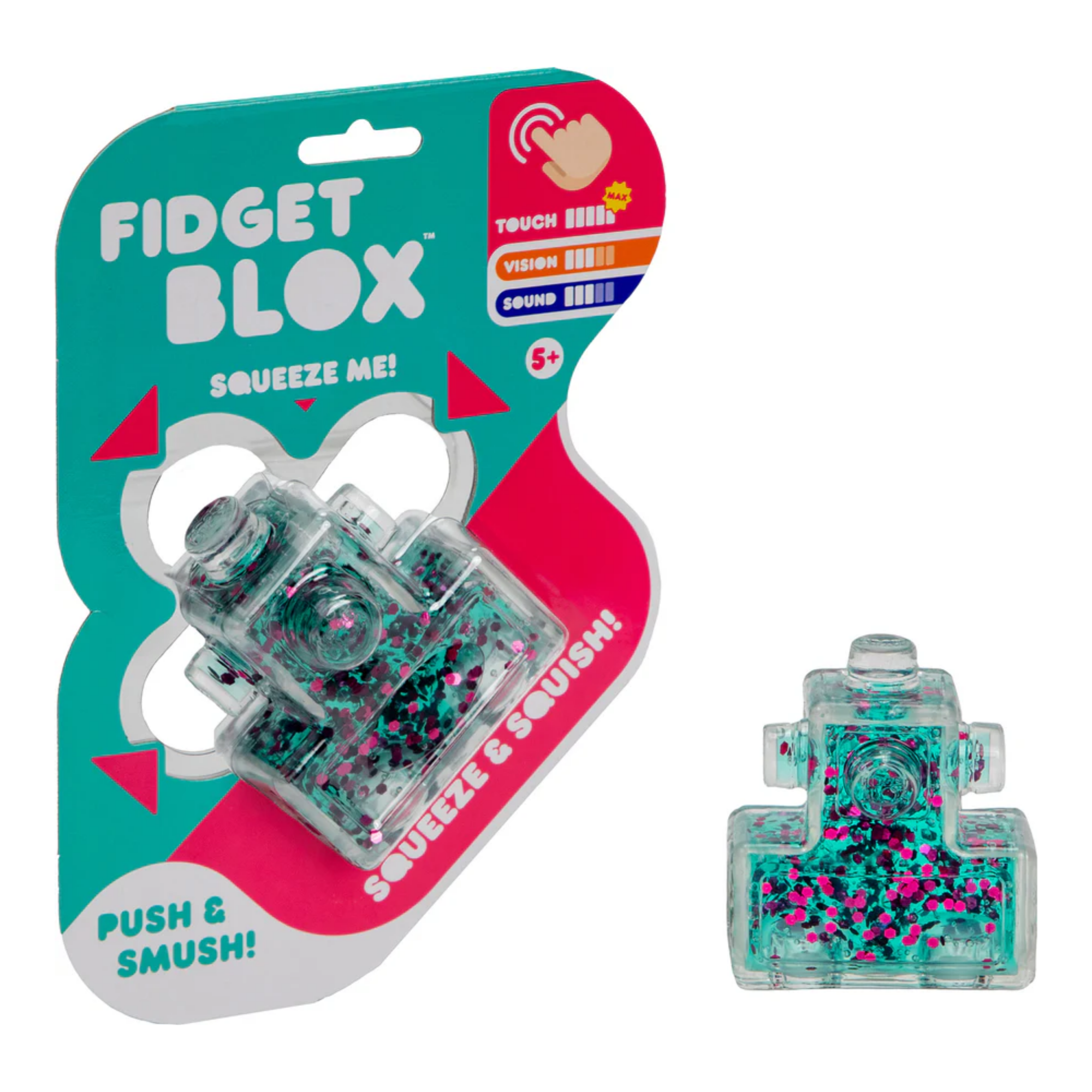 Goliath Fidget Blox, Touch Focused Sensory Squeeze & Play Fidget Toy, Push and Smush Anxiety & Stress Relief Calming Therapy Desk Toy for Adults and Children, Green & Pink