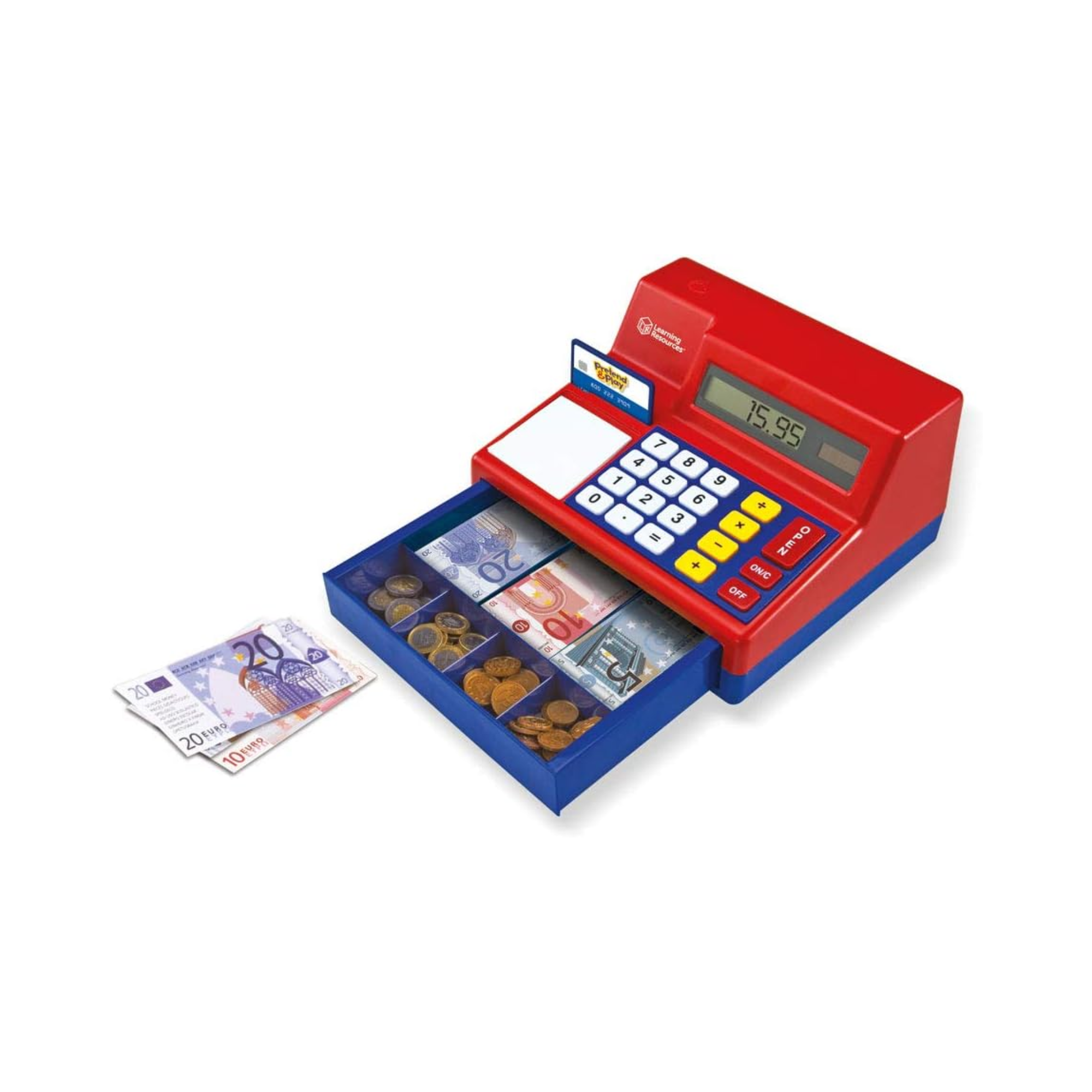 Learning Resources Pretend & Play Calculator Cash Register with Euro Money, Realistic Play Set with Solar-Powered Calculator, Includes Play Money & Activity Guide, For Ages 3+