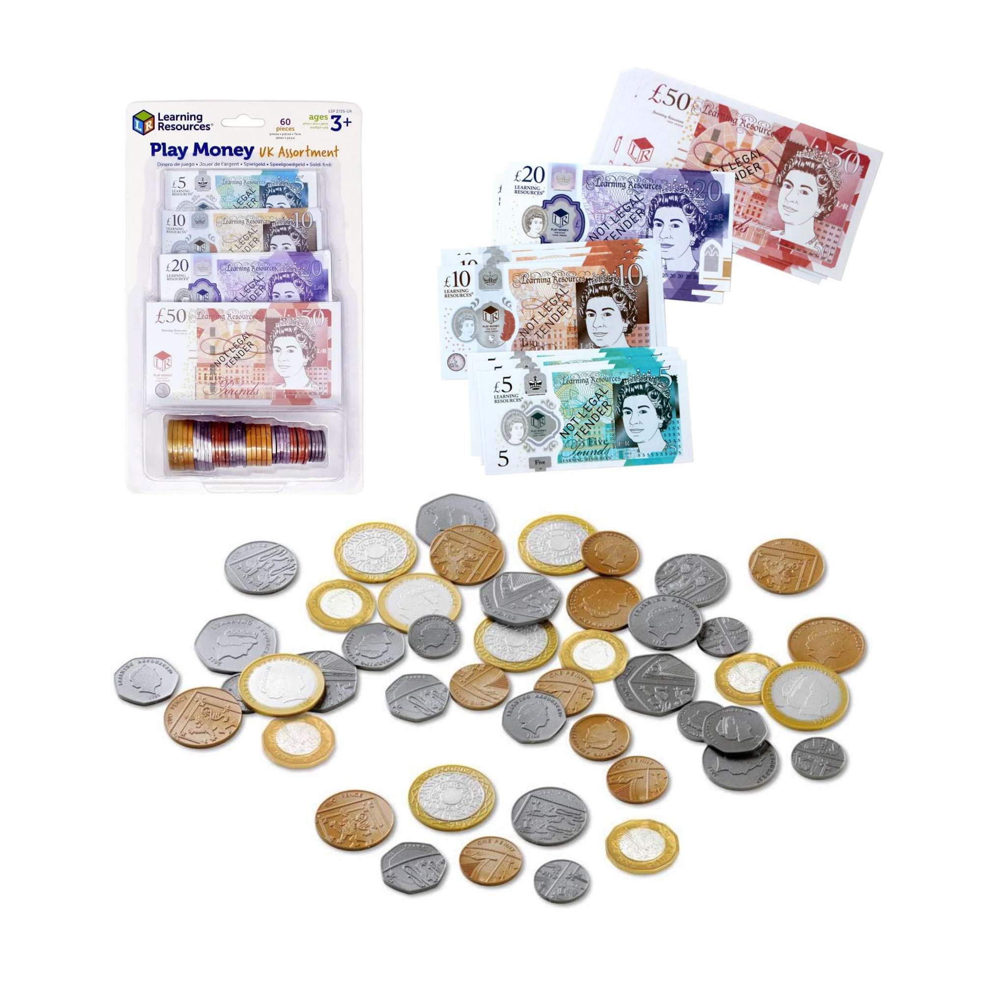 Learning Resources Play Money UK Assortment, Realistic Plastic Coins and Notes for Kids, 60-Piece Set, Includes Updated 2017 Coin Designs, Educational Money Toy for Ages 3+