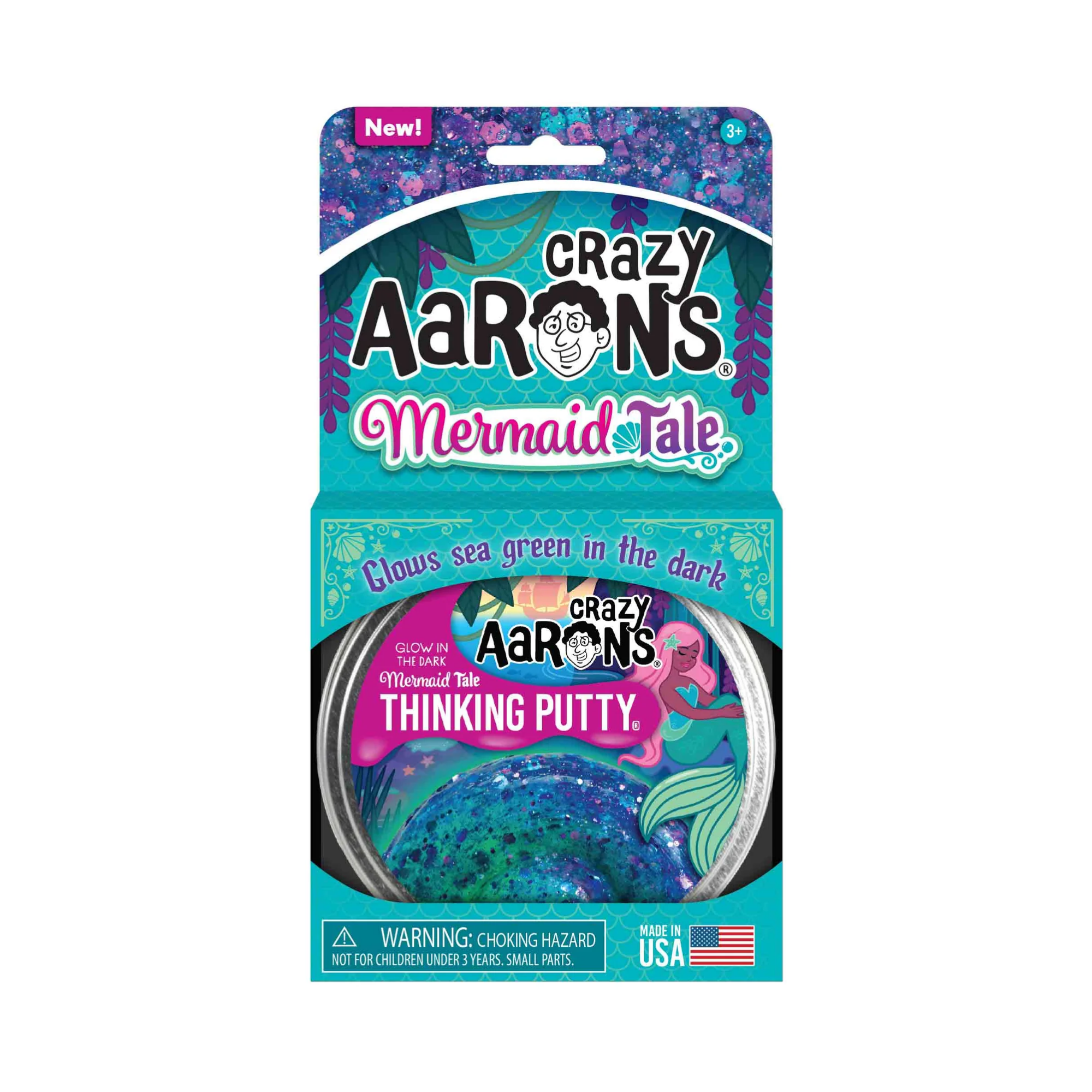 Crazy Aaron's Glow In The Dark Mermaid Tale Thinking Putty, 4" Tin with 90g of Non-Toxic Sensory Play Putty which Never Dries Out, Soft Textured Creative Fidget Toy for Boys and Girls Ages 3Y+