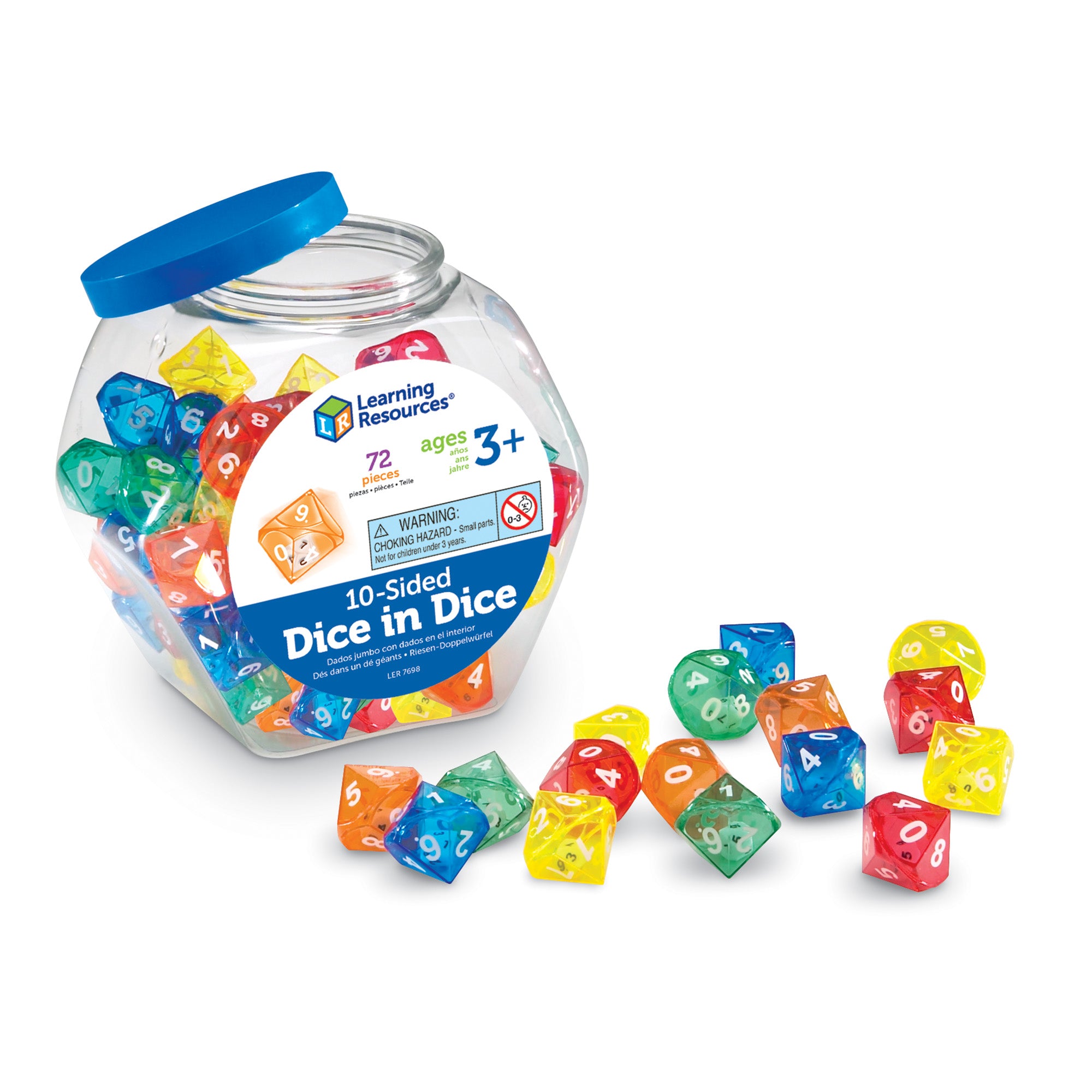 Learning Resources 10-Sided Dice in Dice, Set of 72 Double Dice for Teaching Probability, Numbers, and Operations, Includes Storage Tub, Ages 3+