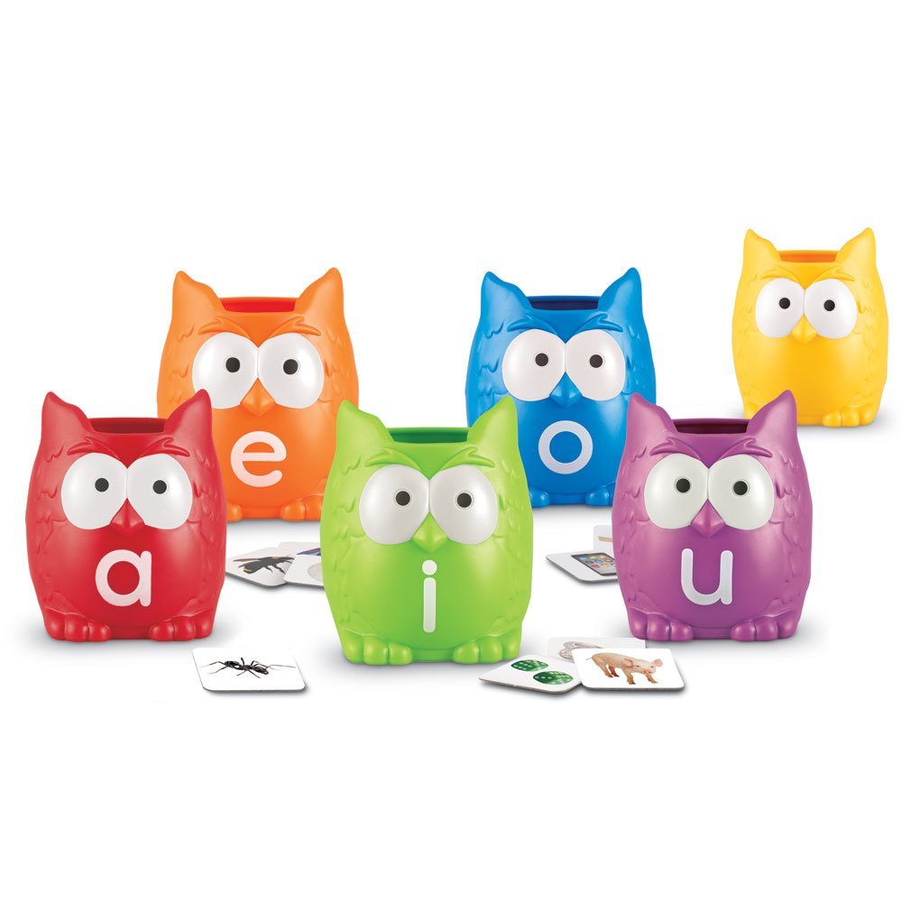 Learning Resources Vowel Owls Sorting Set, Hands-On Literacy Activity for Kids with 100 Picture Cards and 6 Owl Containers, Teaches Short and Long Vowel Sounds, Ages 5+