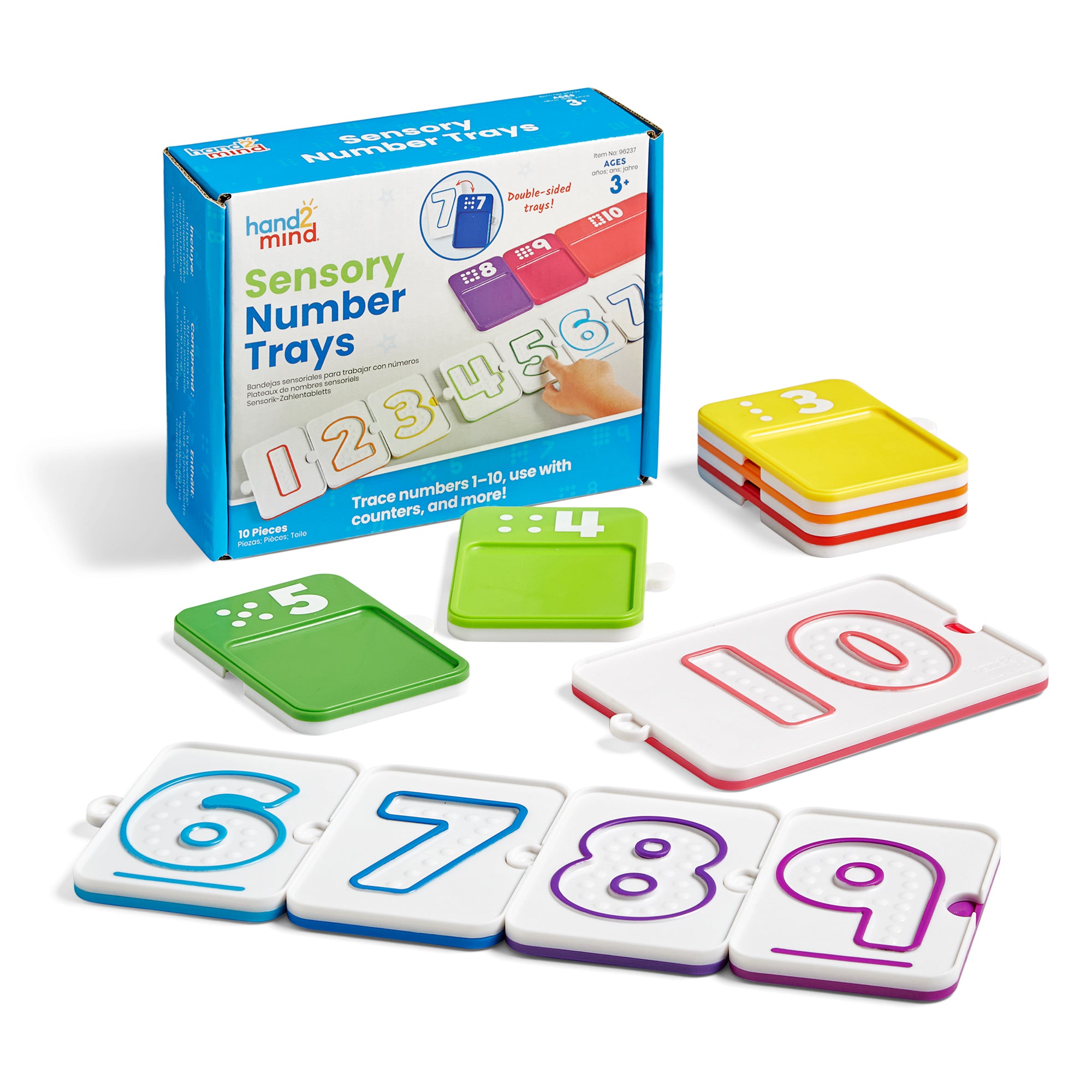 Learning Resources Sensory Number Trays, 10 Double-Sided Finger Tracing Boards for Counting and Number Formation, Made from Recycled Plastic, Ages 3 Plus