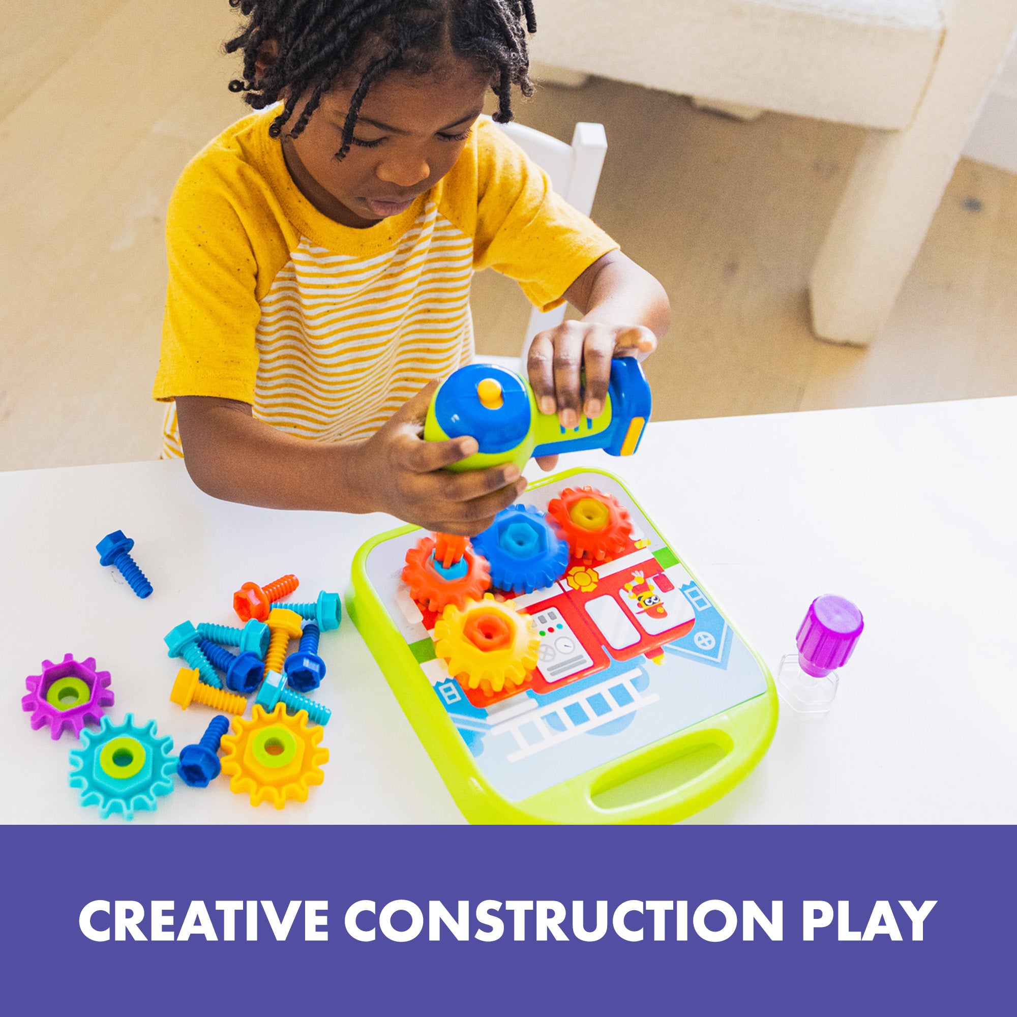 Learning Resources Design and Drill Gears Workshop, STEM Construction Toy with Power Drill, Gears, Bolts, and Activity Board, Builds Fine Motor Skills and Early Engineering Concepts, Ages 3 and Up