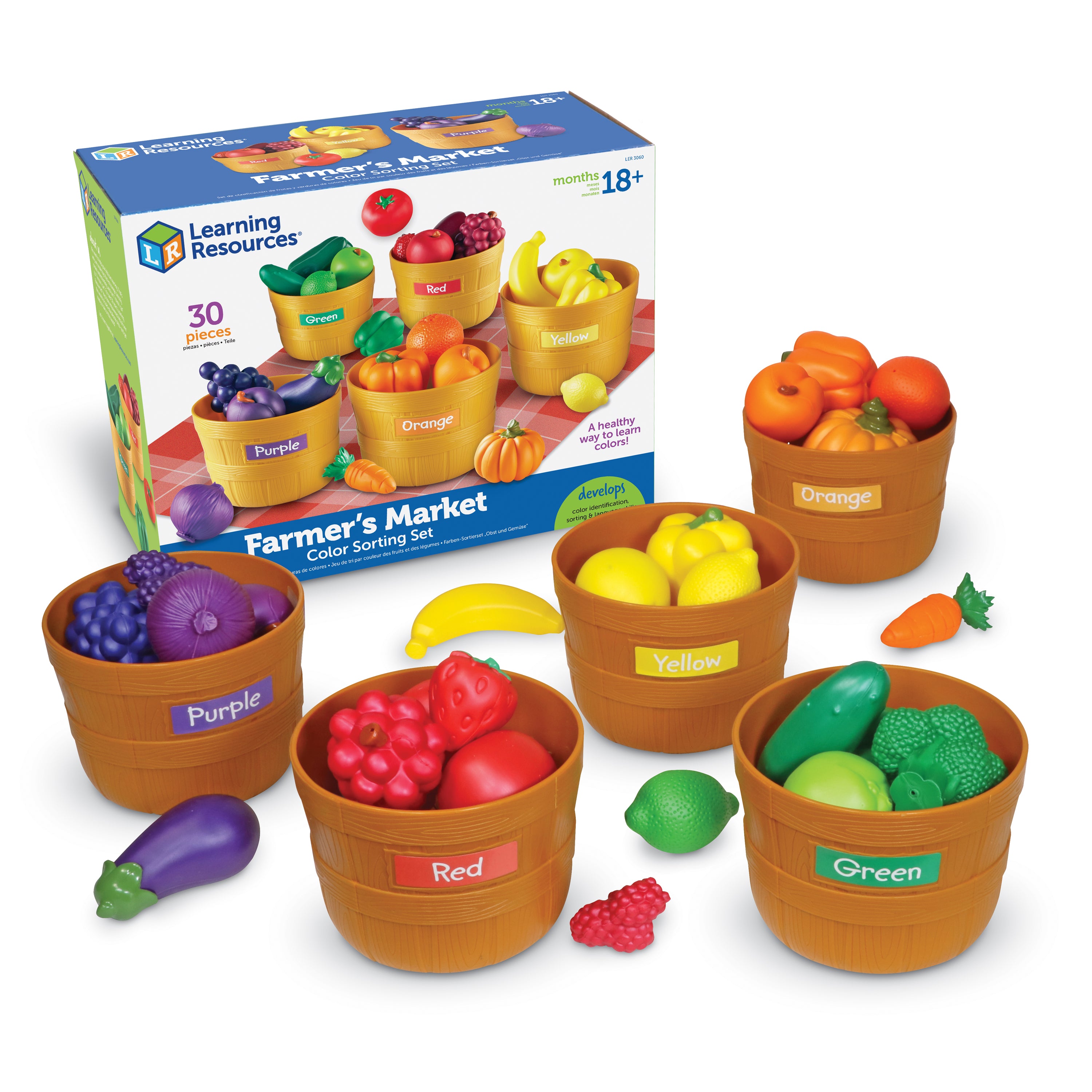 Learning Resources Farmer's Market Food Sorting Set, 25-Piece Toy Fruit & Vegetable Set for Role Play, Sorting, and Colour Recognition, Ideal for Kids Aged 3+