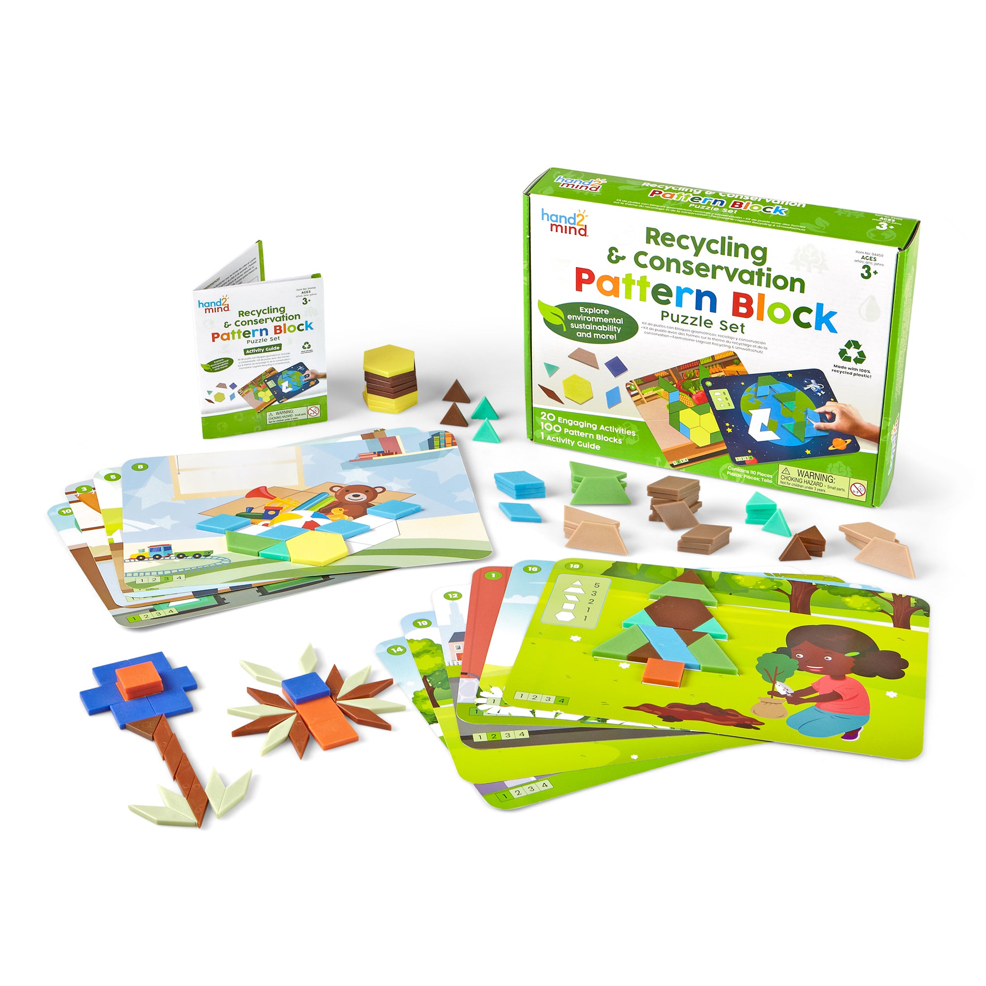 Learning Resources Recycling & Conservation Pattern Block Puzzle Set, 100 Colourful Pattern Blocks, 10 Double-Sided Puzzle Cards, Made from Recycled Plastic, Early Maths & Sustainability Learning, Ages 3+