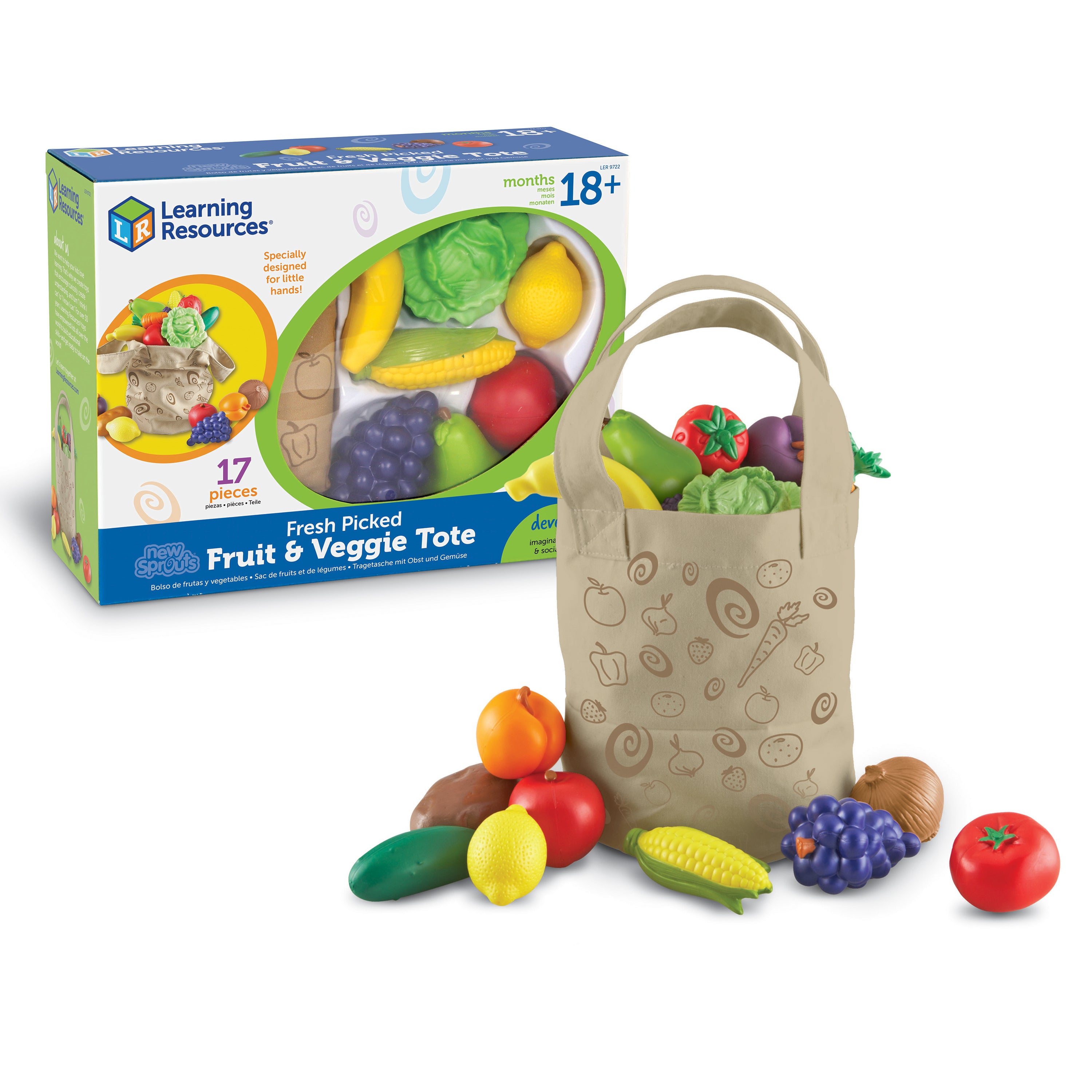 Learning Resources New Sprouts Fruit and Veg Tote, 20 Piece Pretend Food Set for Toddlers, Soft Touch Play Food for Role Play and Healthy Eating, Ages 2+