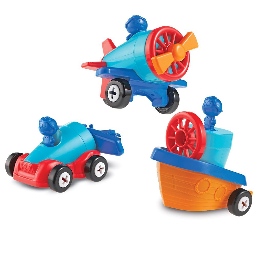 Learning Resources 1-2-3 Build It Car Plane Boat, 3-in-1 Vehicle Construction Toy for Toddlers, Fine Motor Skills and Early Engineering Play, Ages 2+