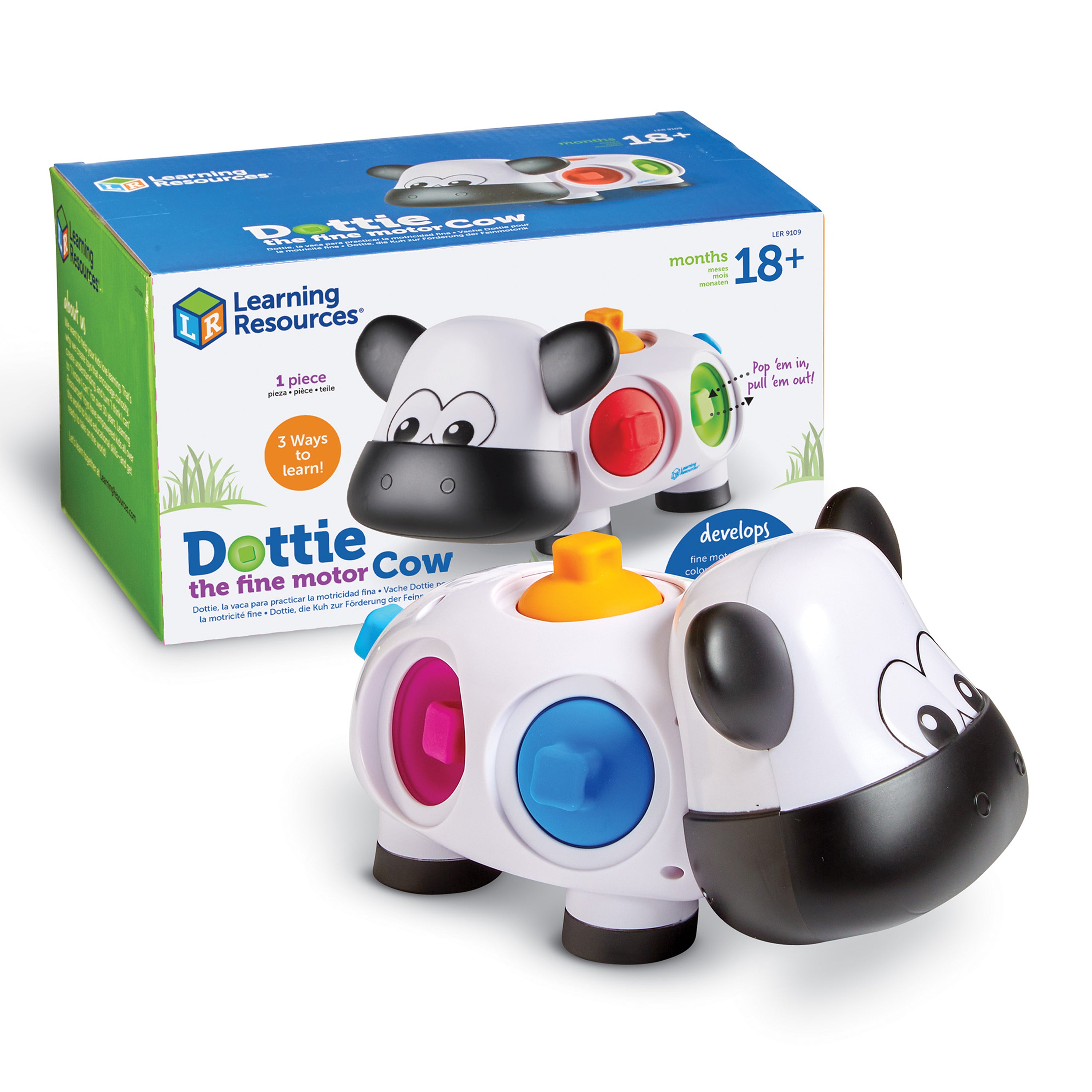 Learning Resources Dottie the Fine Motor Cow, Toddler Fine Motor Skills Toy with Sensory Pop-In Dots, Color Recognition and Fidget Play for Ages 18 Months+
