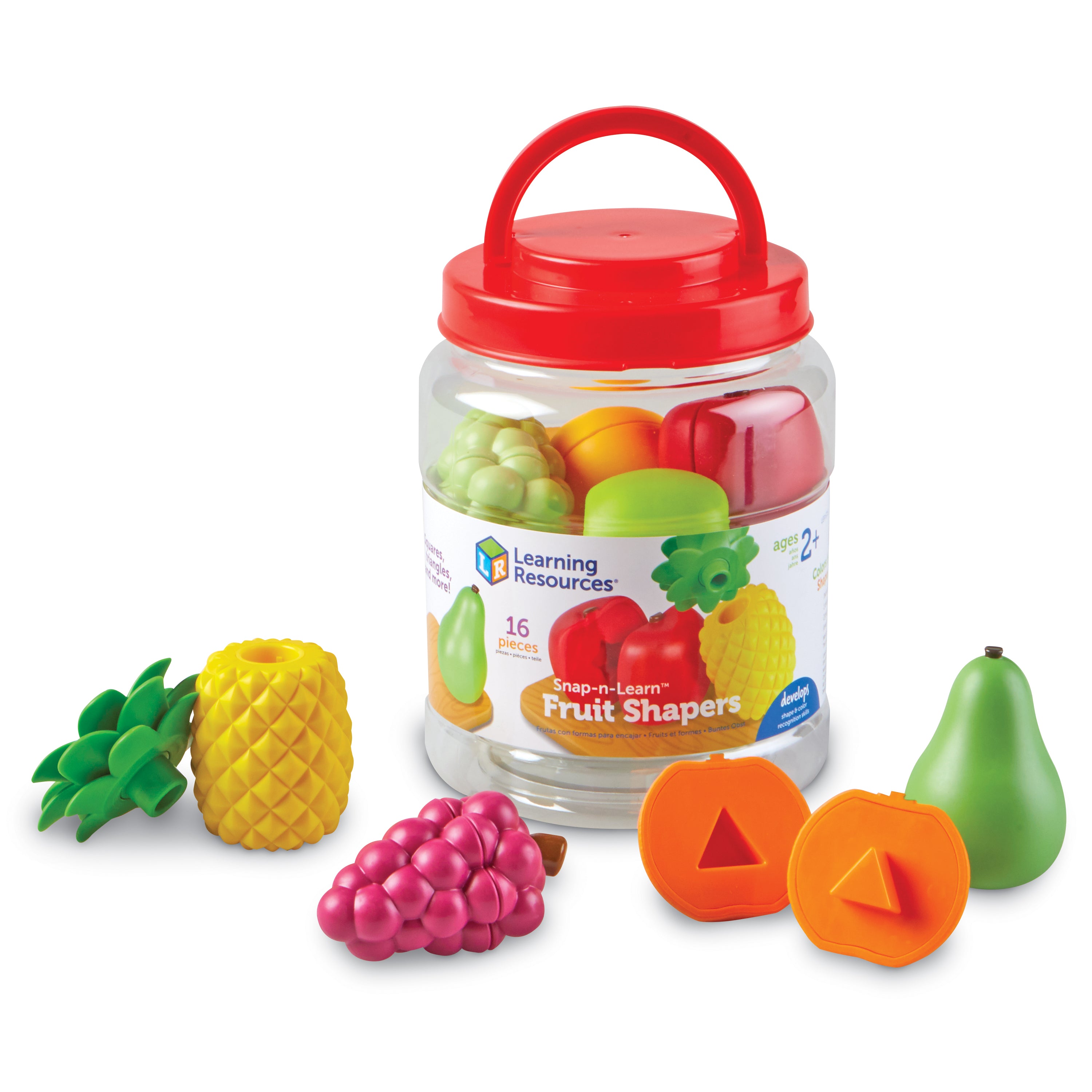 Learning Resources Snap-n-Learn Fruit Shapers, Colourful Pop-Apart Shape Matching Toy, Develops Fine Motor & Early Learning Skills, Includes 8 Two-Piece Fruits & Storage Bucket, Ages 2+