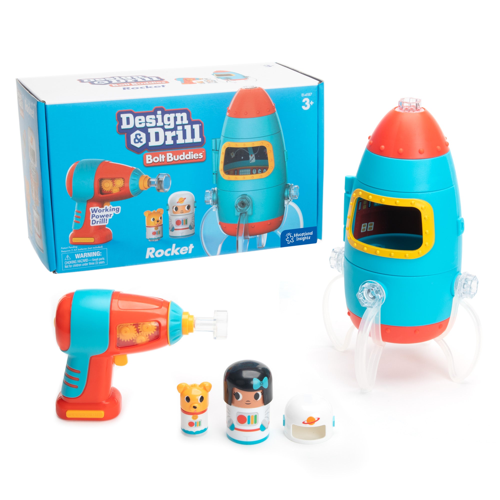 Learning Resources Design & Drill® Bolt Buddies® Rocket, Construction Toy with Kid-Safe Power Drill, Ages 3+