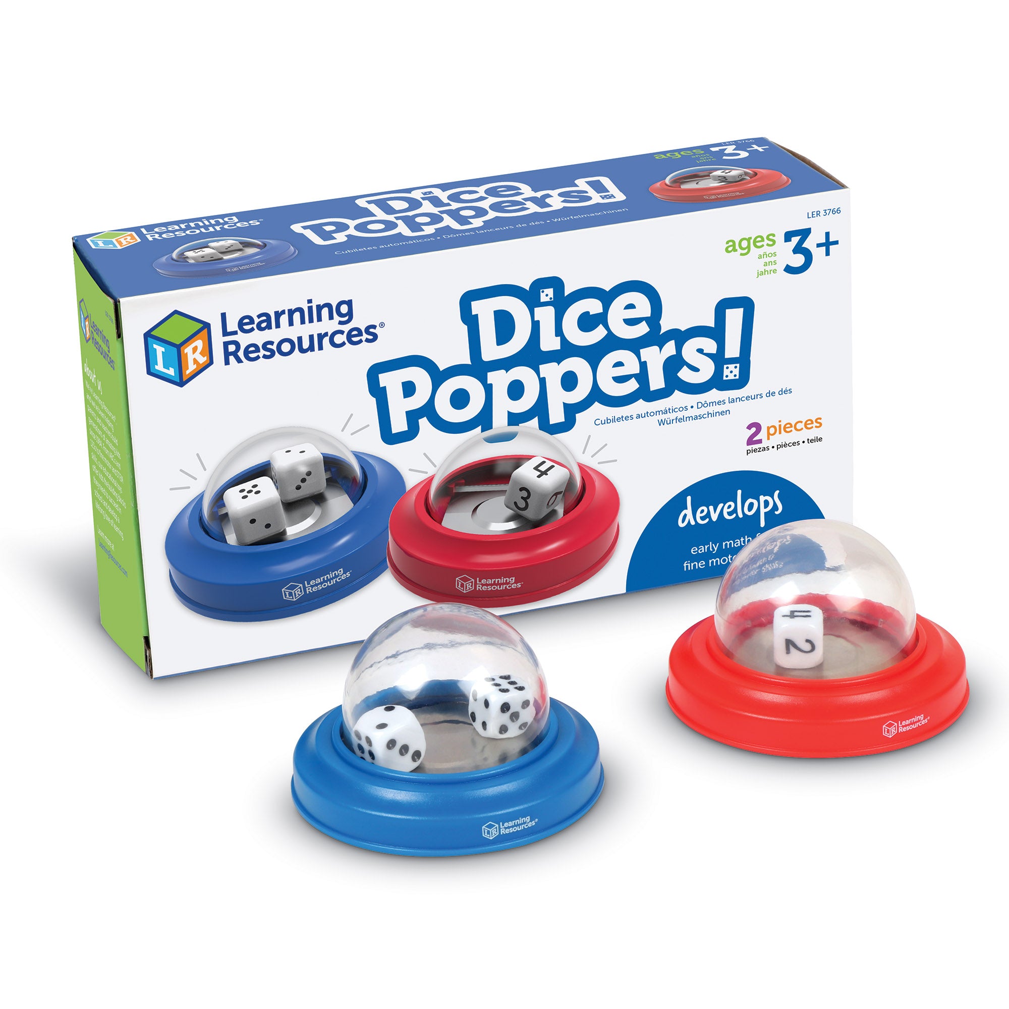 Learning Resources Dice Poppers, Set of 2 Dice in Domes, Fun Math & Game Accessory for Kids, Ages 3+, Classroom & Home Use, Red & Blue Poppers with Numeral & Dot Dice