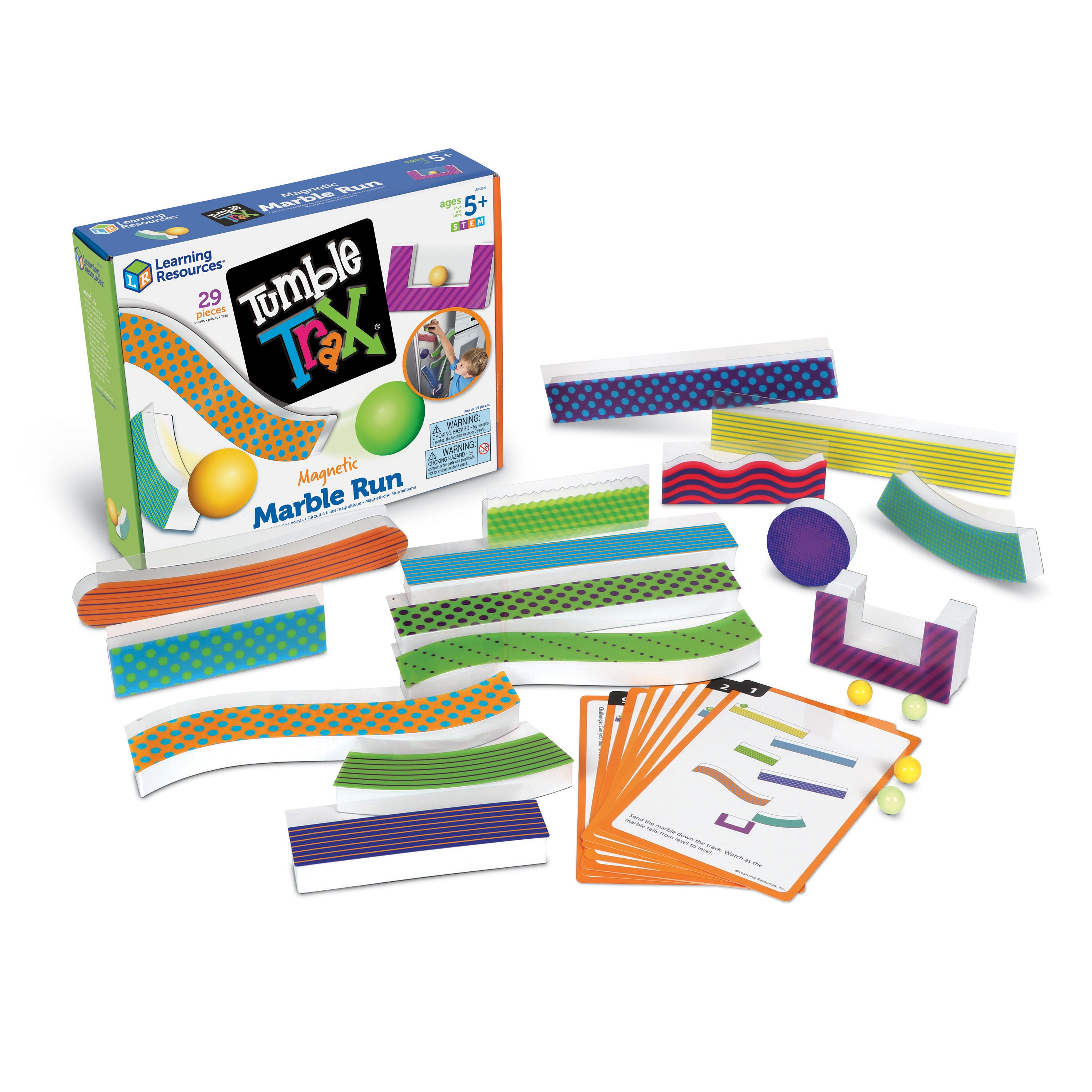 Learning Resources Tumble Trax Magnetic Marble Run, Encourages Engineering & Critical Thinking, Endless Design Combinations, Includes 14 Magnetic Pieces, 10 Activity Cards, 4 Marbles, Ages 5+