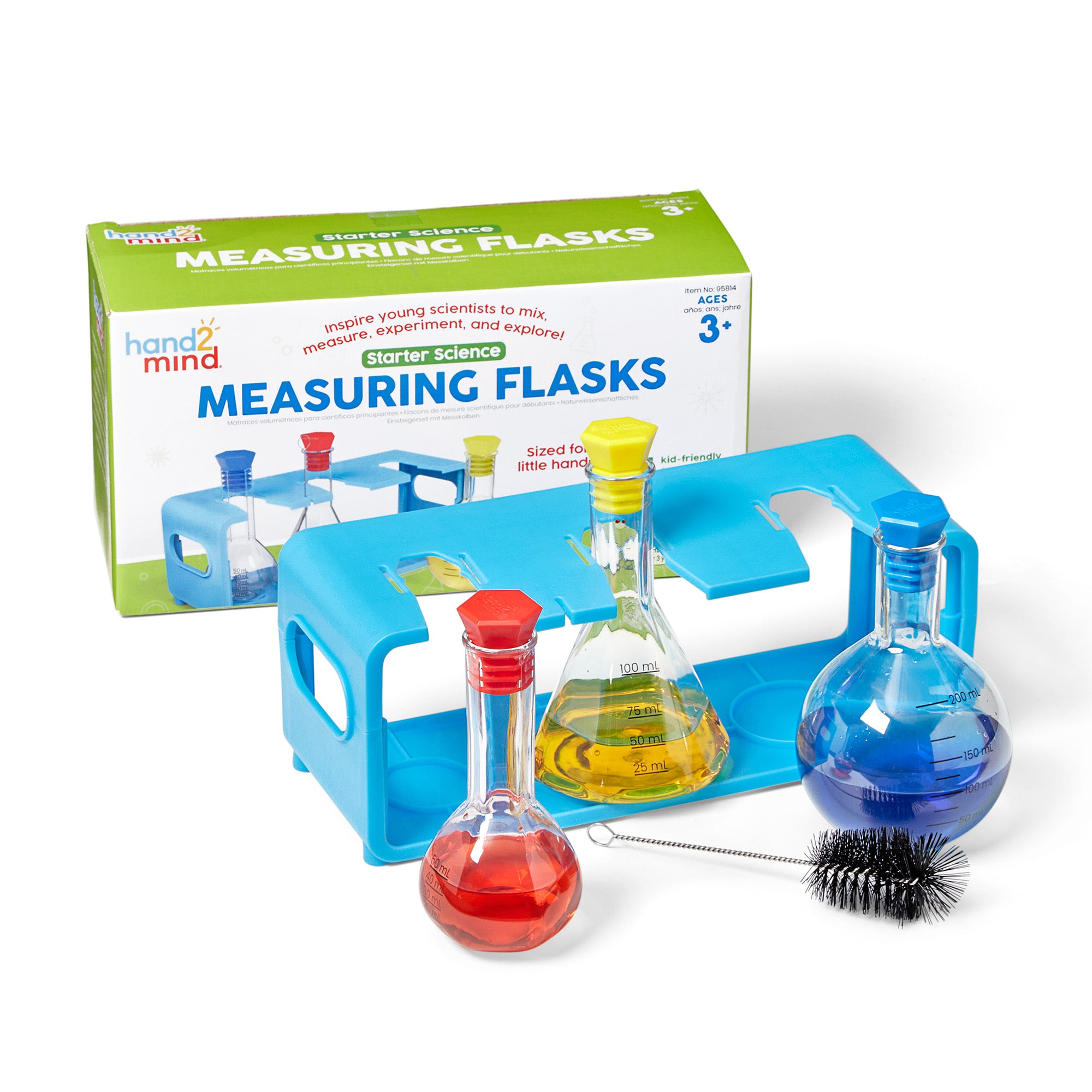 Learning Resources Starter Science Measuring Flask Set, Child-Safe Lab Equipment with 3 Flasks, Stoppers, Stand and Cleaning Brush, Ages 3 Plus
