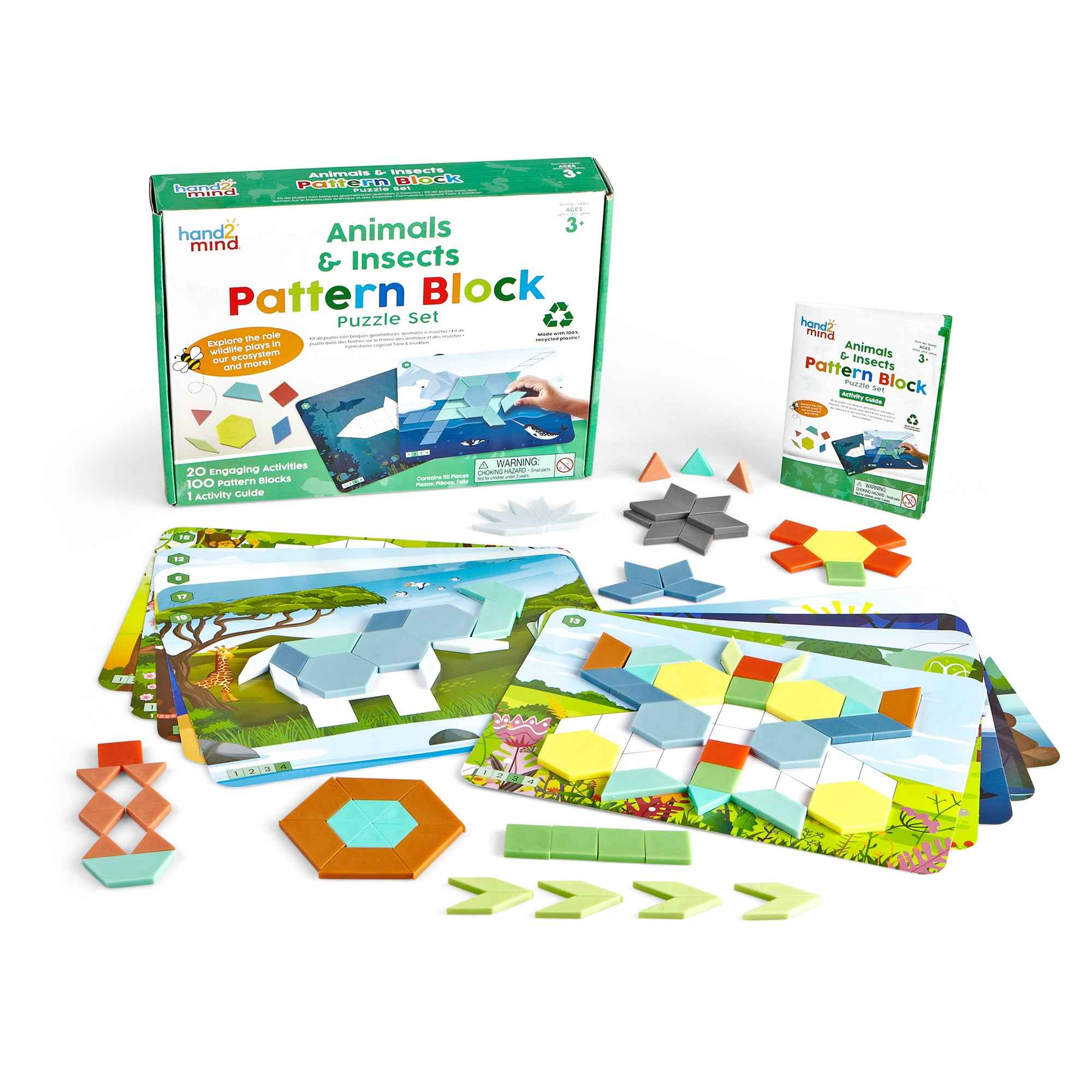 Learning Resources Animals & Insects Pattern Block Puzzle Set, 100 Colourful Pattern Blocks, 10 Double-Sided Puzzle Cards, Recycled Plastic, Early Maths & Shape Recognition, Ages 3+