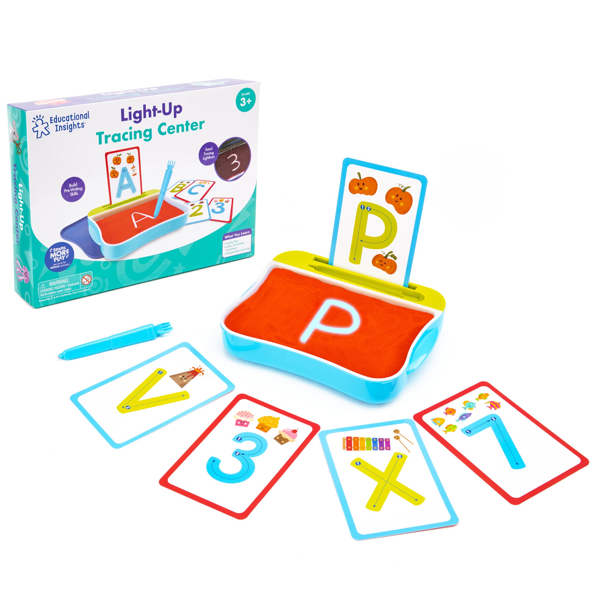 Learning Resources Light-Up Tracing Center, Sensory Writing Tray with Red Play Sand, Cards, and Stylus, Preschool Fine Motor and Pre-Writing Toy for Ages 3+