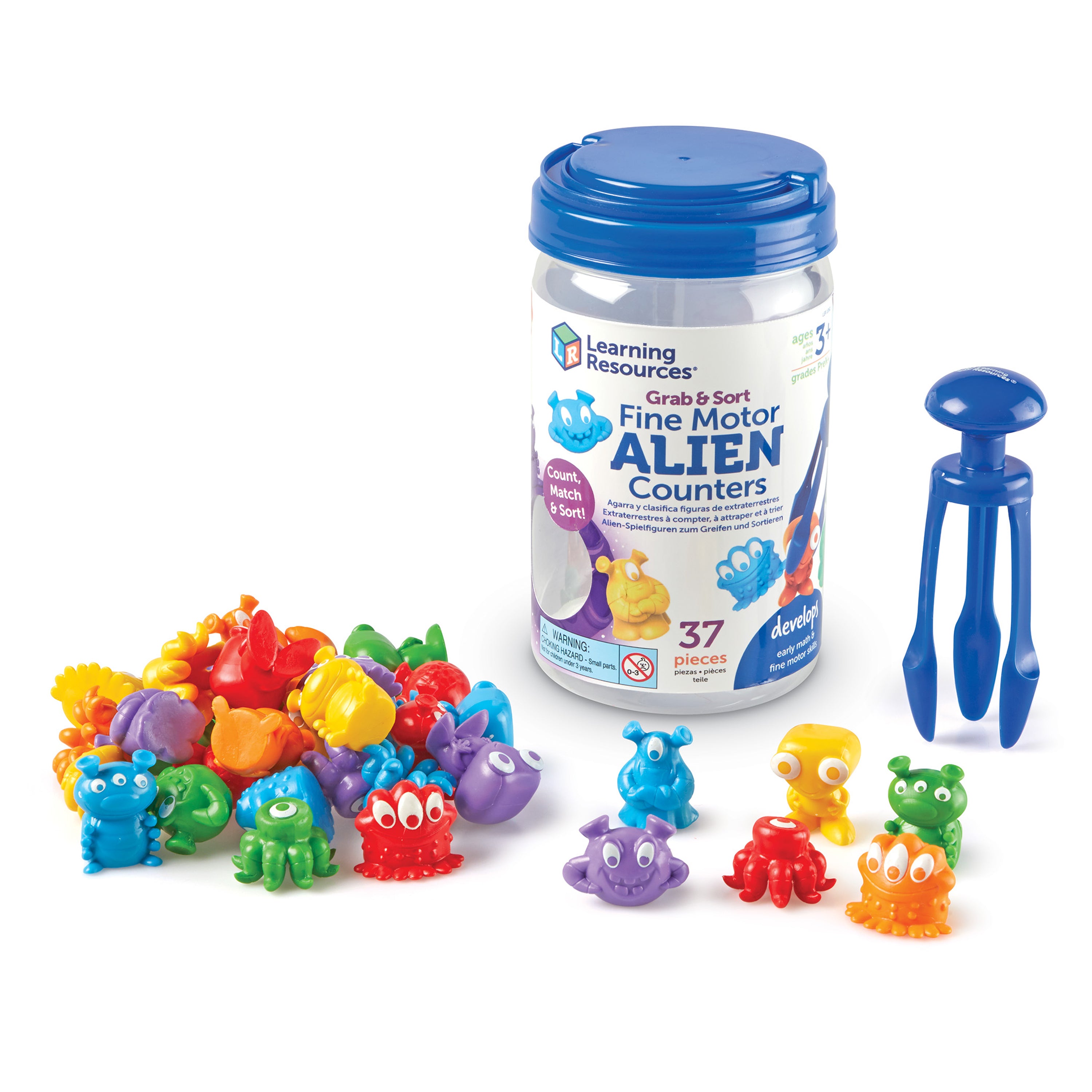 Learning Resources Grab & Sort Fine Motor Alien Counters, 37-Piece Early Math and Fine Motor Skills Toy, Includes Tri-Grip Tongs for Counting, Sorting, and Matching, For Preschoolers Ages 3+