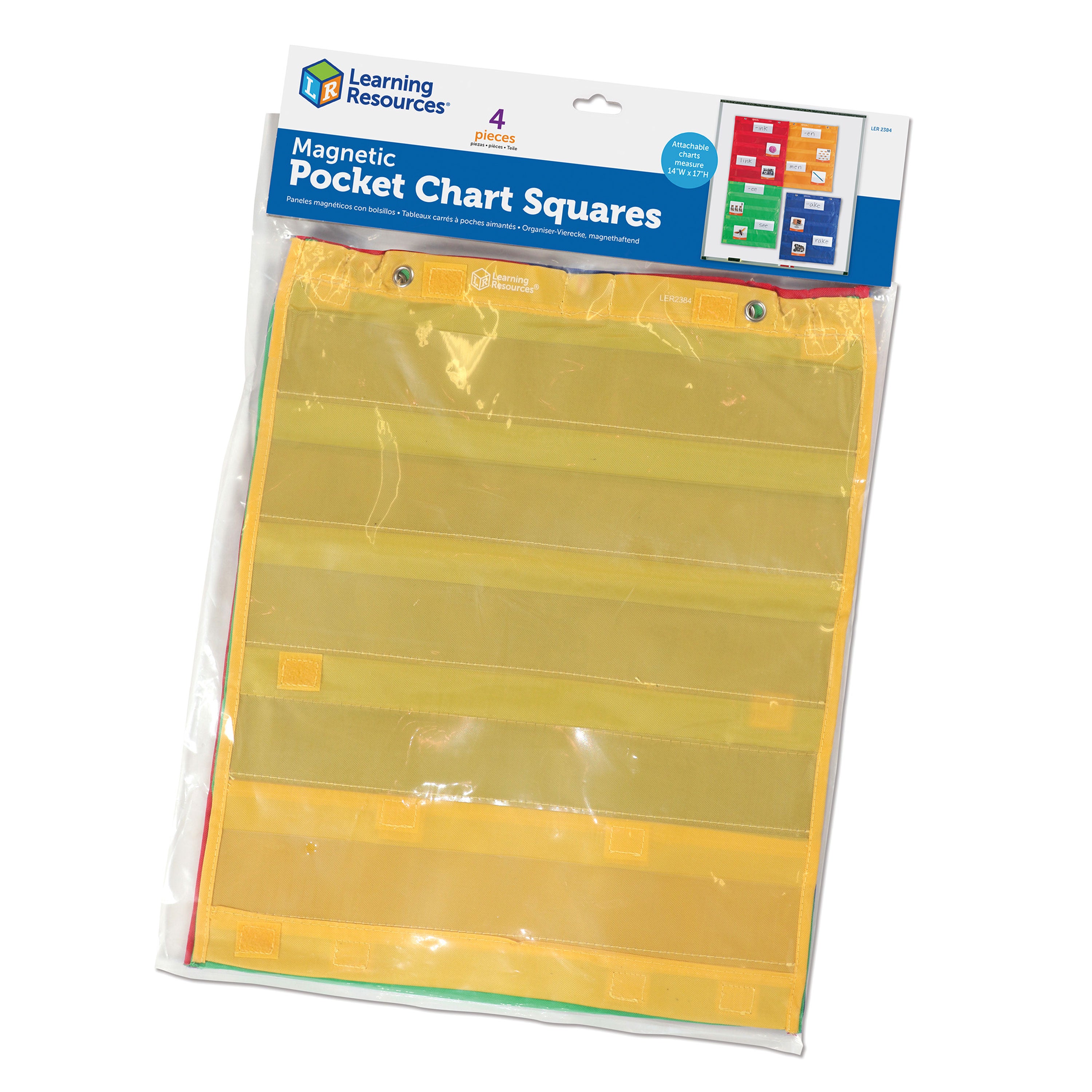 Learning Resources Magnetic Pocket Chart Squares (Set of 4), Versatile Classroom Storage & Display Solution, Magnetic or Grommet Hanging, Front & Back Pockets
