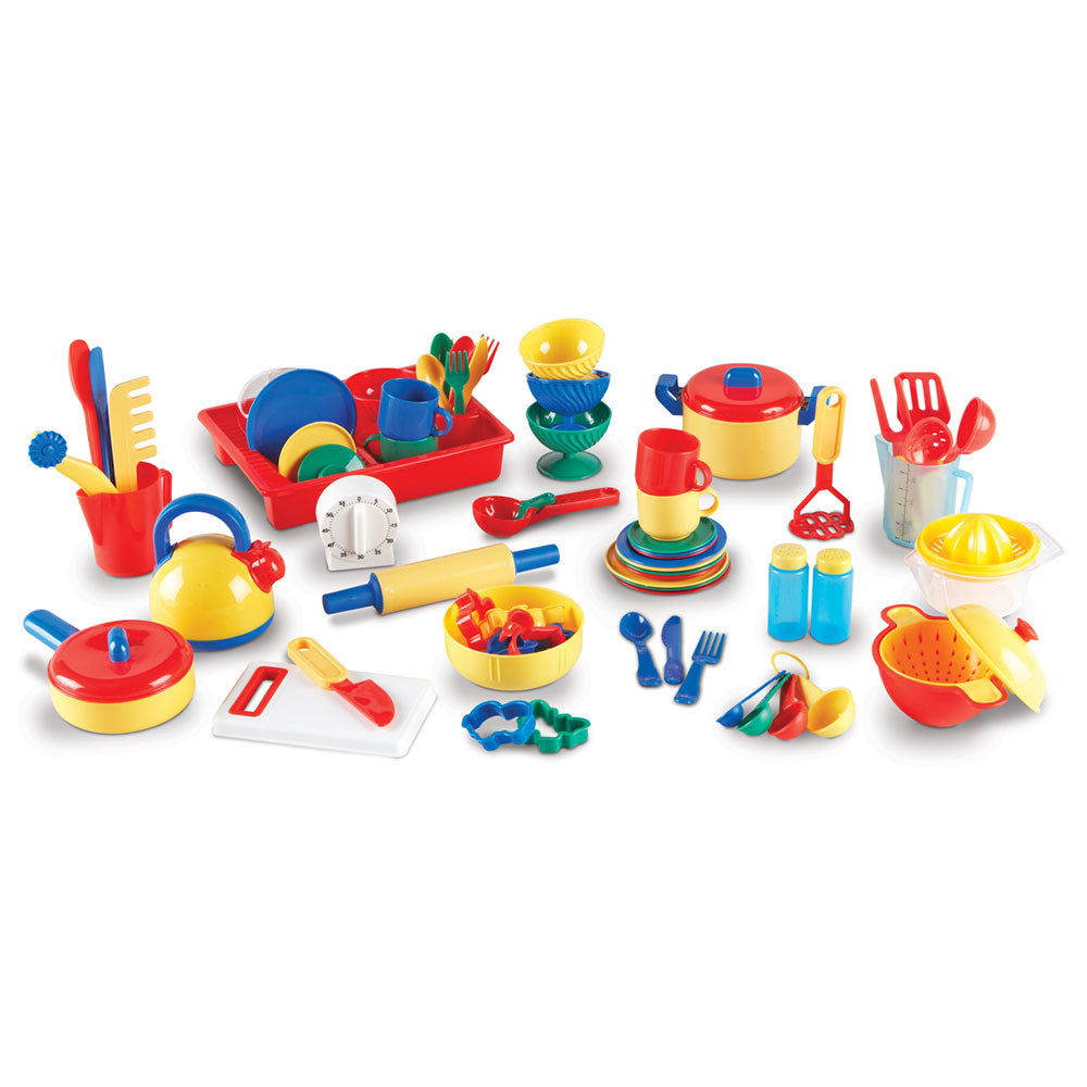Learning Resources Kitchen Set, 70+ Piece Pretend Play Cooking Set, Durable Plastic Toy Pots, Pans, Utensils & More, Ideal for Imaginative Play & Small Group Activities, Ages 3+