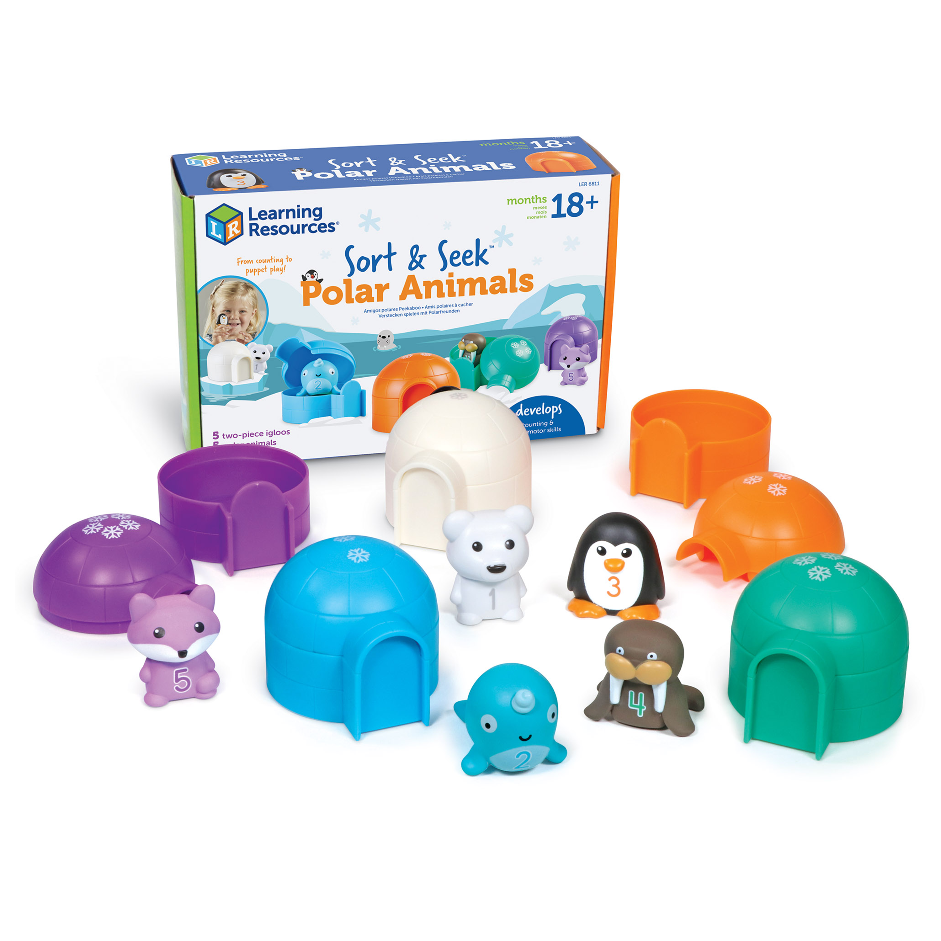 Learning Resources Sort and Seek Polar Animals, Educational Toddler Toy with 5 Animal Finger Puppets and Numbered Igloos, Teaches Colors, Counting, and Fine Motor Skills, Ages 18 Months and Up