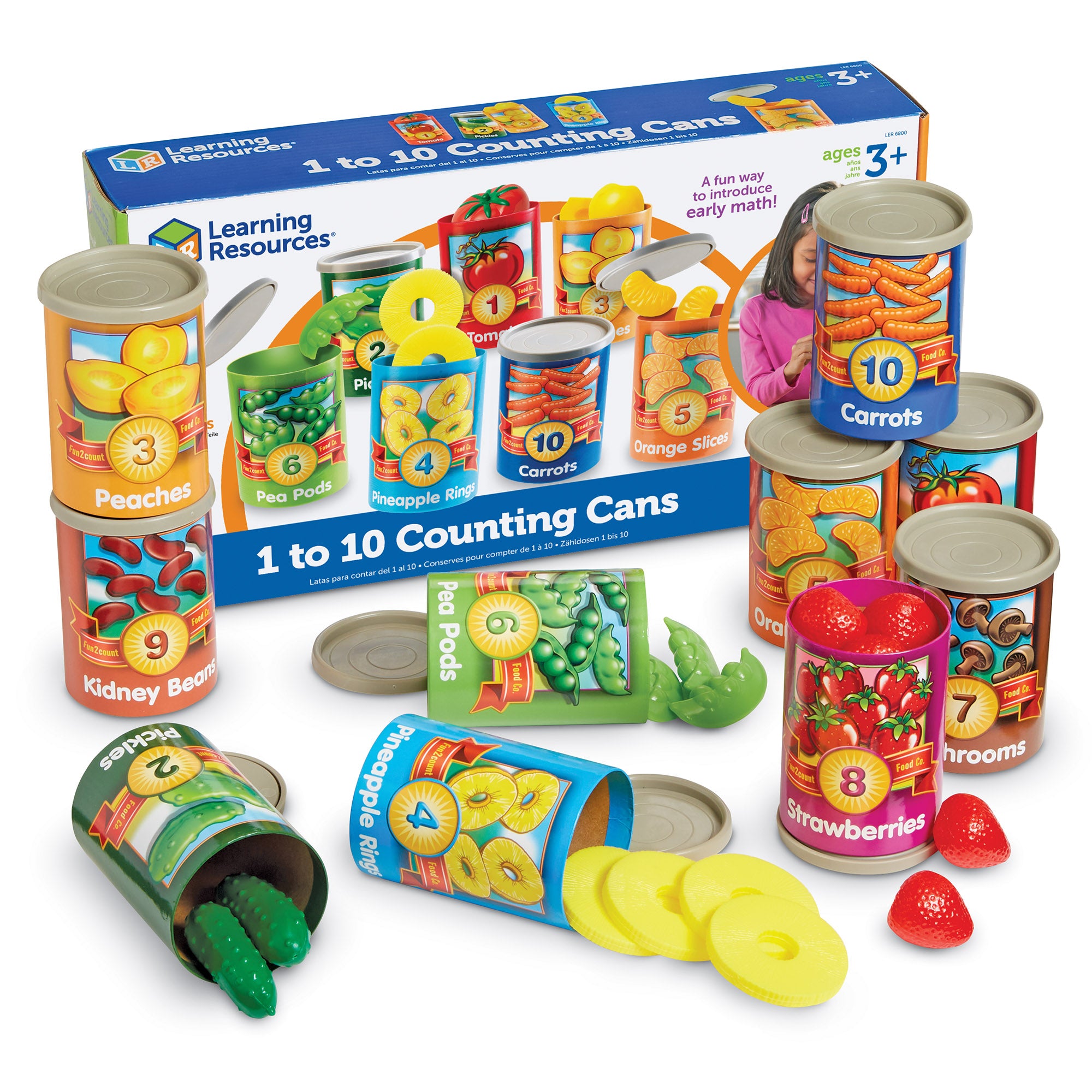 Learning Resources 1 to 10 Counting Cans, Early Years Counting and Sorting Toy with 55 Play Food Pieces, Stackable Storage, Ages 3 Plus