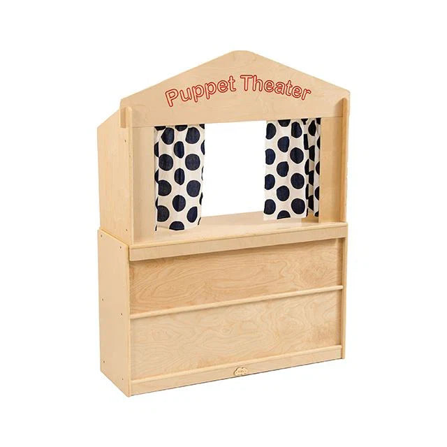 JOOYES Wooden Puppet Theatre Playhouse, Birch Plywood Dramatic Play Stage with Padded Front, Storage for Puppets, Encourages Imagination, Social Skills and Creativity, 101 x 36 x 73 cm – Early Development & Activity Toys