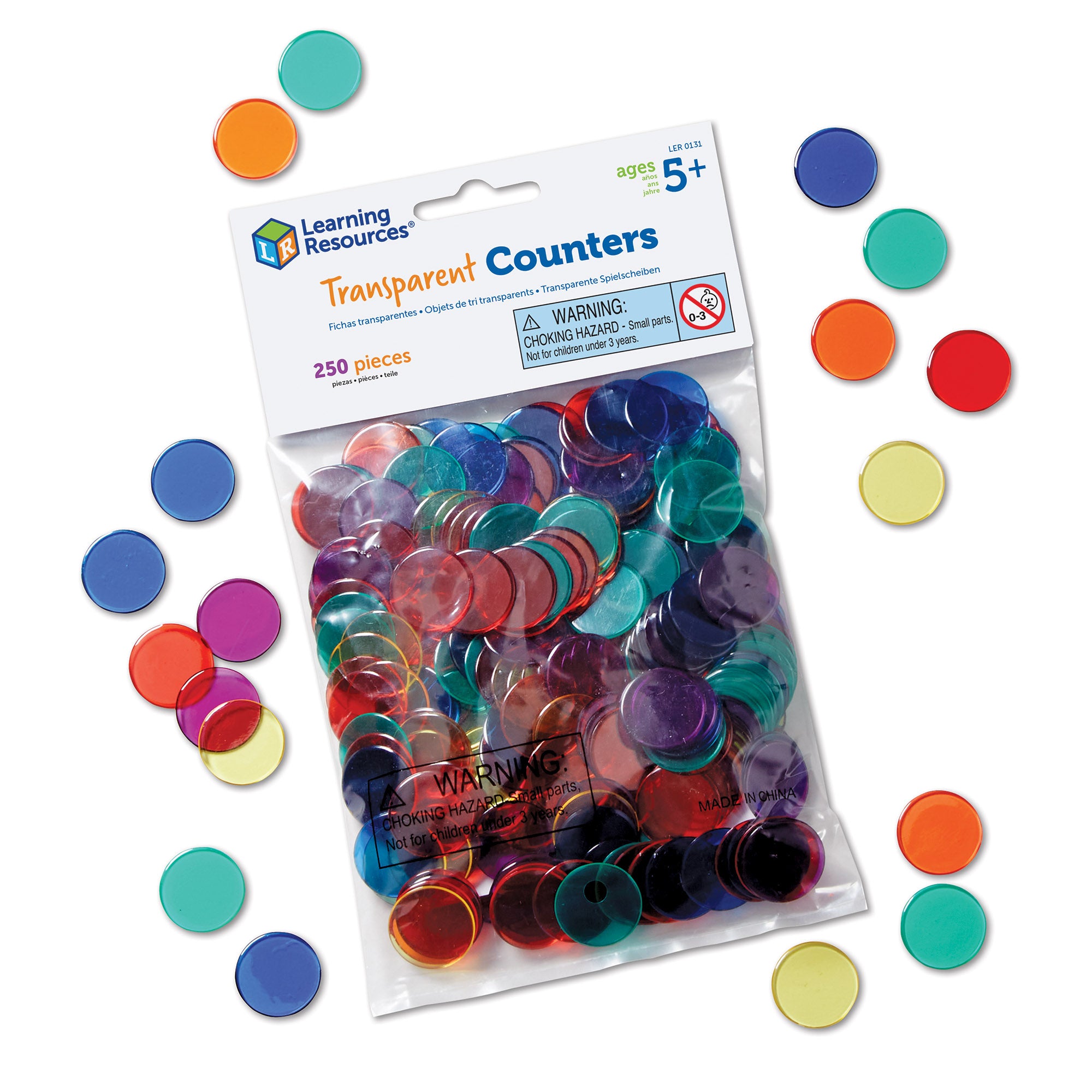 Learning Resources Transparent Counters, Set of 250 Colourful 2cm Counters for Maths Activities, Ages 5 Plus