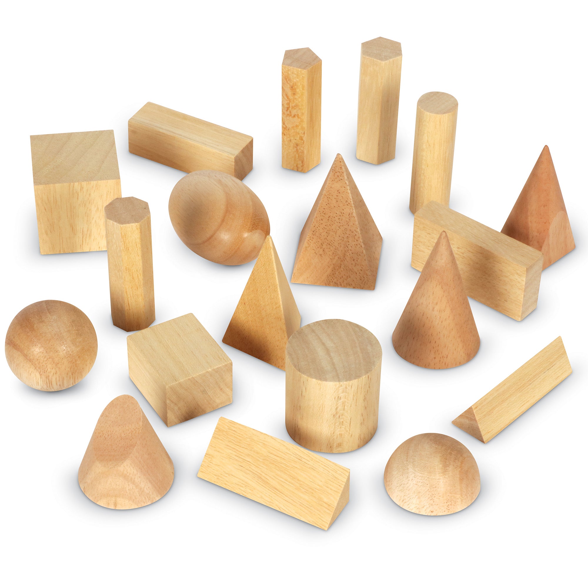 Learning Resources Wood Geometric Solids, Set of 19 Hardwood 3D Shapes, Hands-On Geometry Learning for Kids, Ages 6+