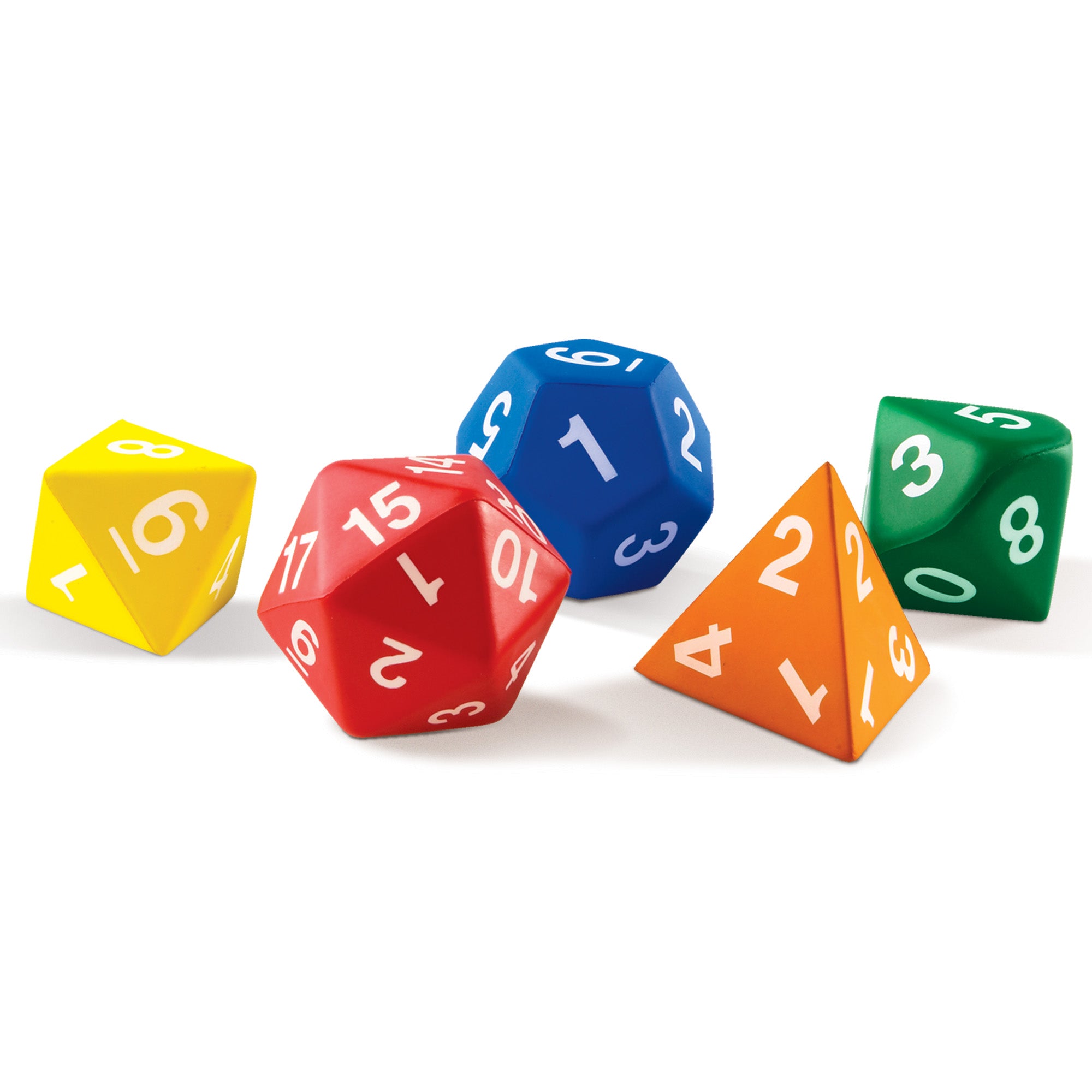 Learning Resources Jumbo Foam Polyhedral Dice, Set of 5 Soft Foam Dice with 4, 8, 10, 12, and 20 Sides, Includes Activity Guide, Ages 6+