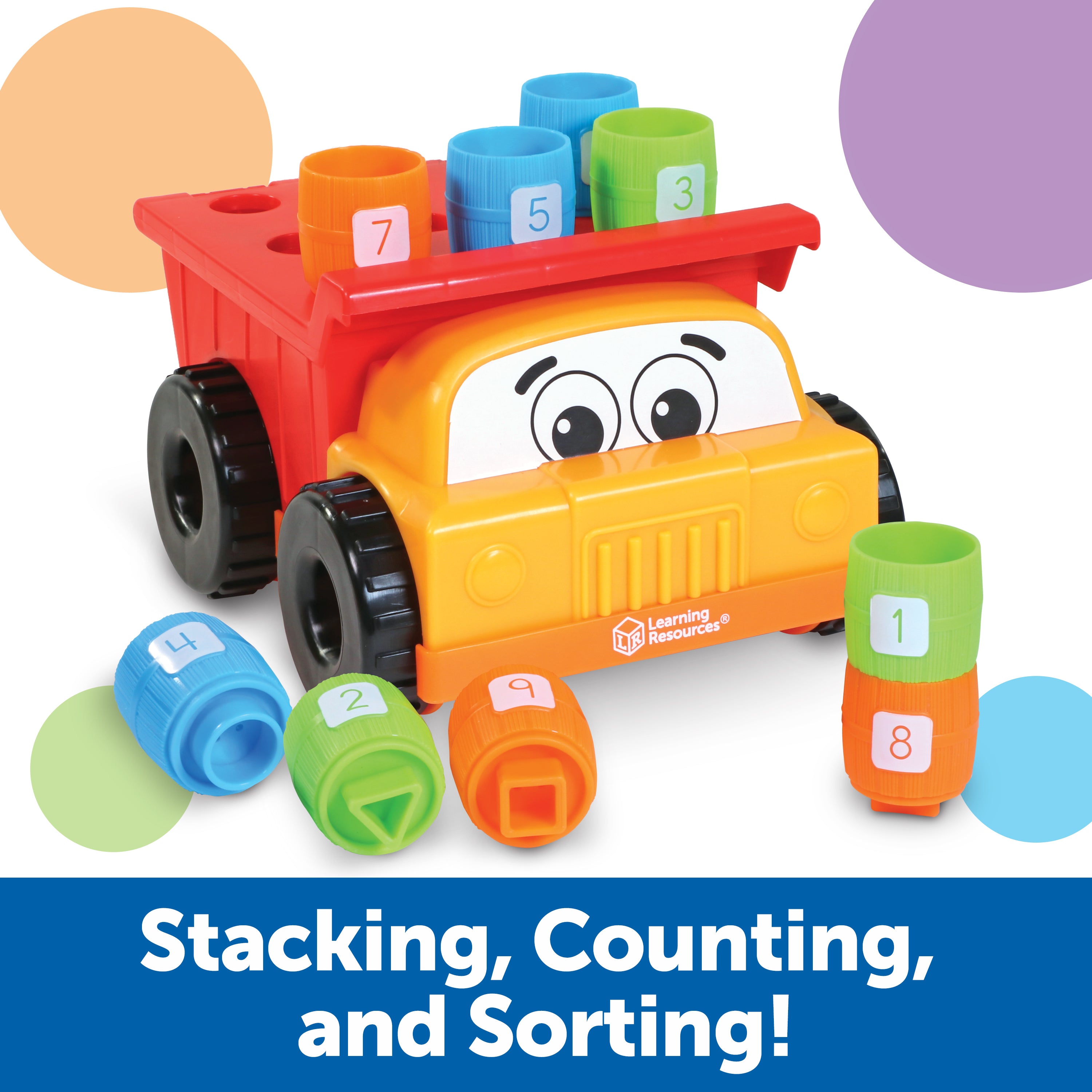 Learning Resources Tony the Peg Stacker Dump Truck, Fine Motor Toy for Toddlers, Stacking, Sorting & Matching Fun, Includes 9 Colorful Barrels, Ages 18 Months+