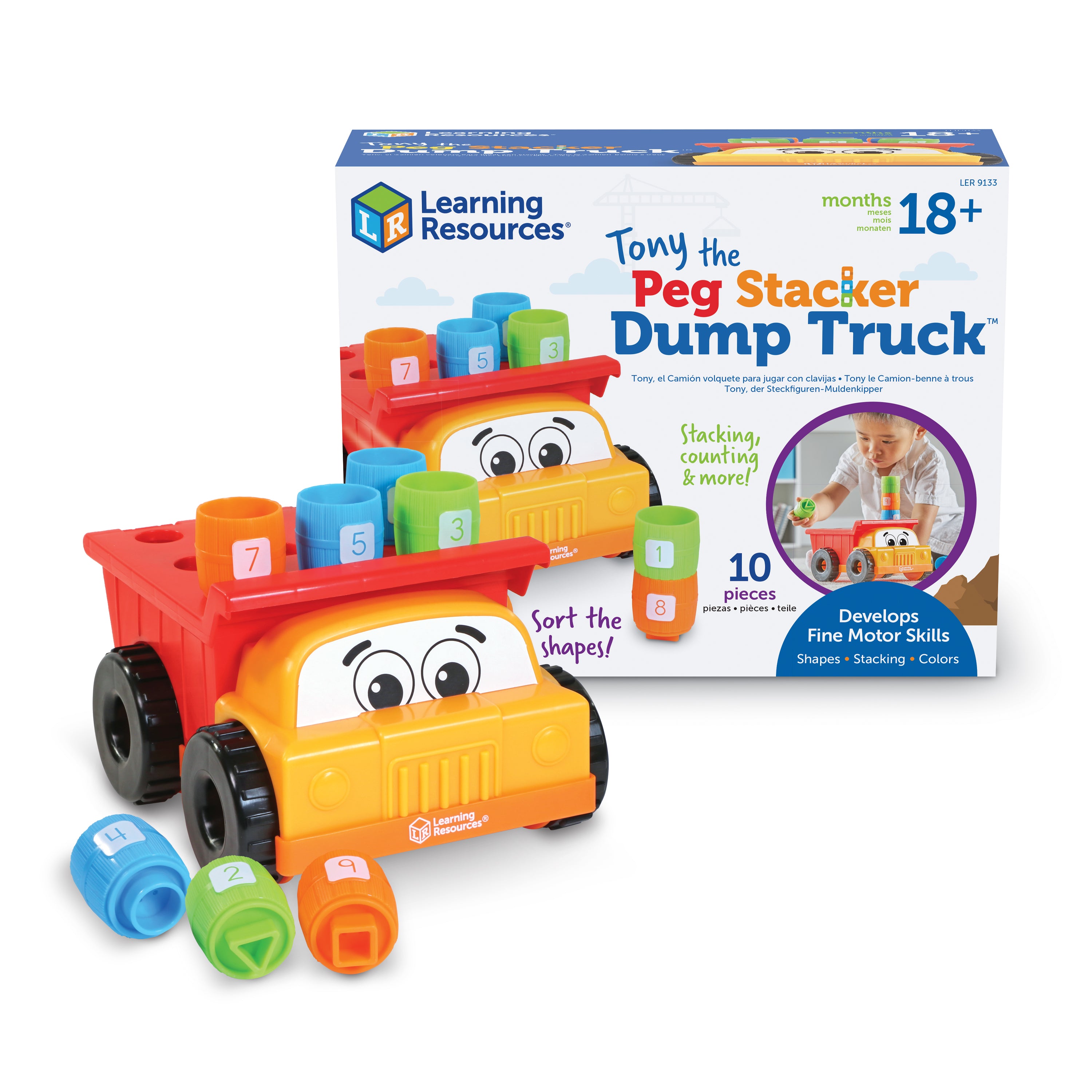 Learning Resources Tony the Peg Stacker Dump Truck, Fine Motor Toy for Toddlers, Stacking, Sorting & Matching Fun, Includes 9 Colorful Barrels, Ages 18 Months+