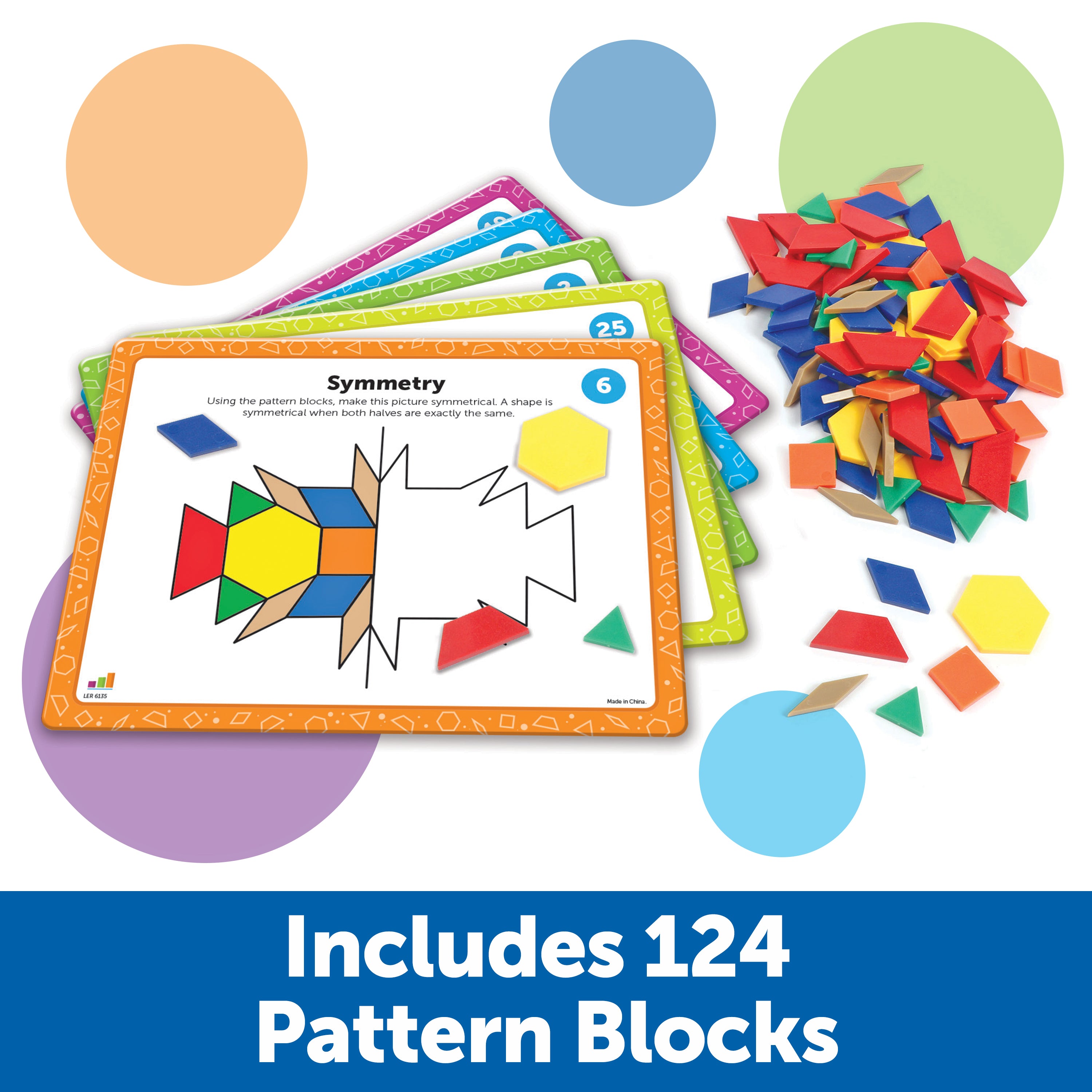 Learning Resources Pattern Block Math Activity Set, 124 Plastic Pattern Blocks, 20 Double-Sided Activity Cards, Hands-On Maths & STEM Learning, Ages 5+