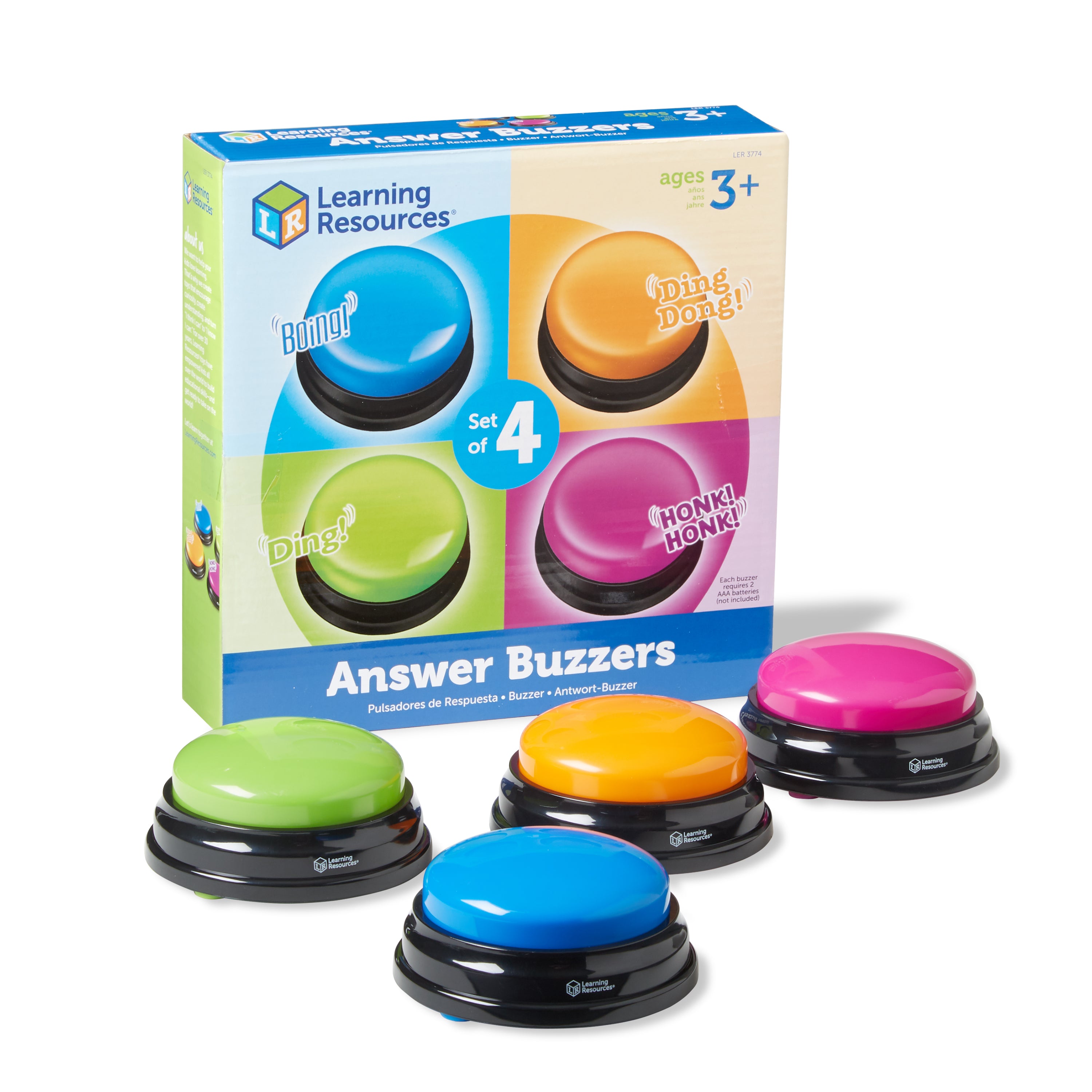Learning Resources Answer Buzzers (Set of 4), Fun Game Show Style Response Buzzers with 4 Distinct Sounds for Classroom or Home Learning (Ages 3+)