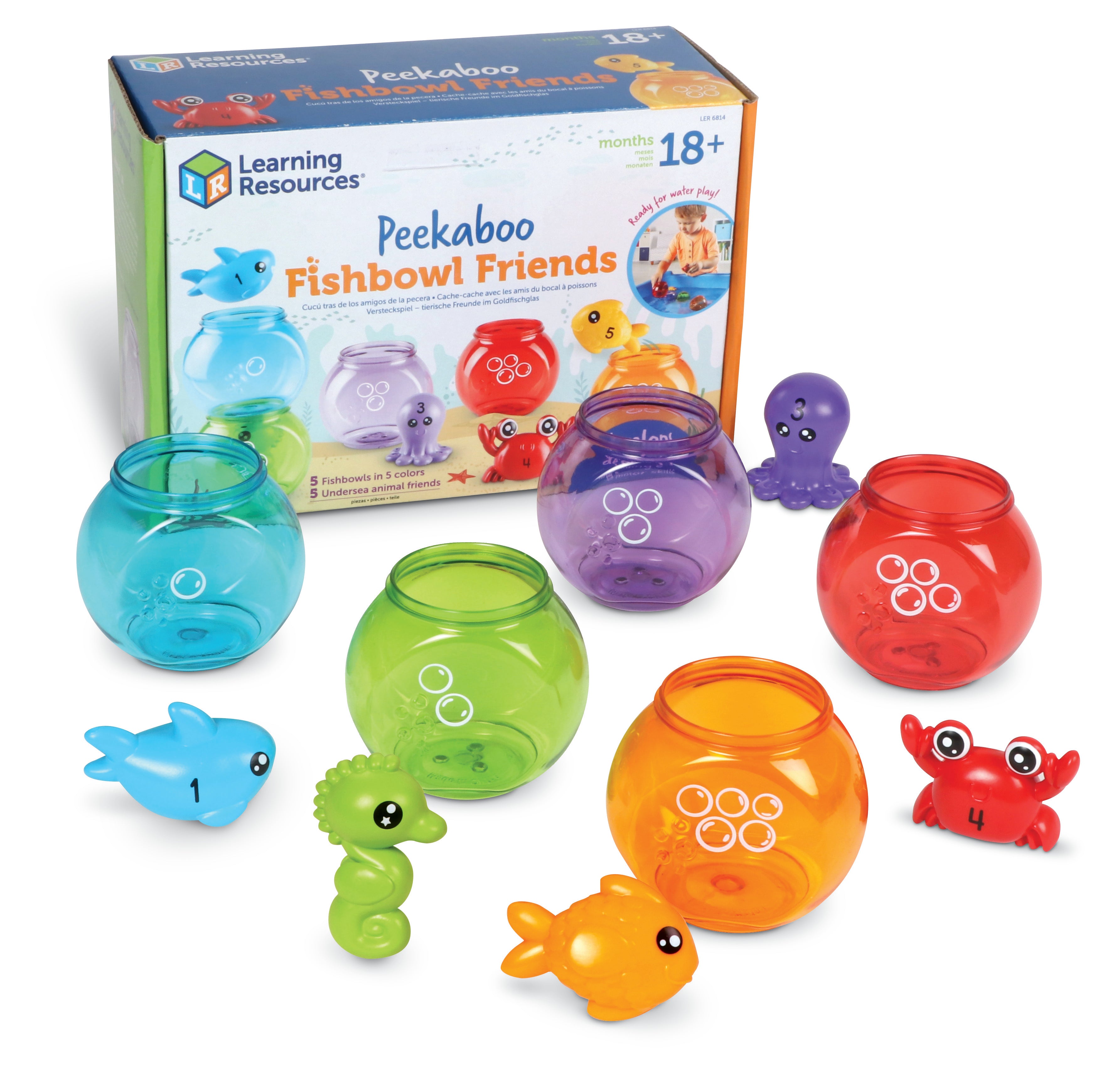 Learning Resources Peekaboo Fishbowl Friends, 10-Piece Toddler Learning Toy for Counting, Colours & Water Play, Stackable Fishbowls & Friendly Sea Creatures, Ages 18 Months+
