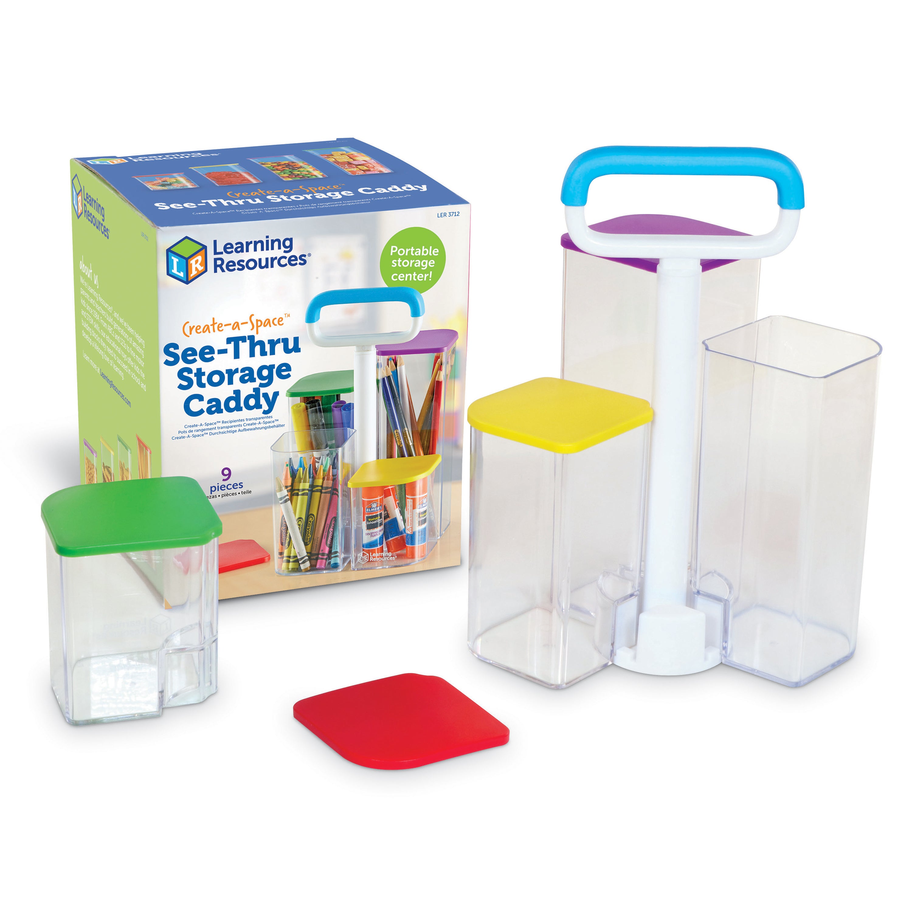 Learning Resources Create-a-Space See-Thru Storage Caddy, Portable Organiser with 4 Clear Bins and Colourful Lids, Ideal for Art Supplies, Classroom, or Kitchen Storage