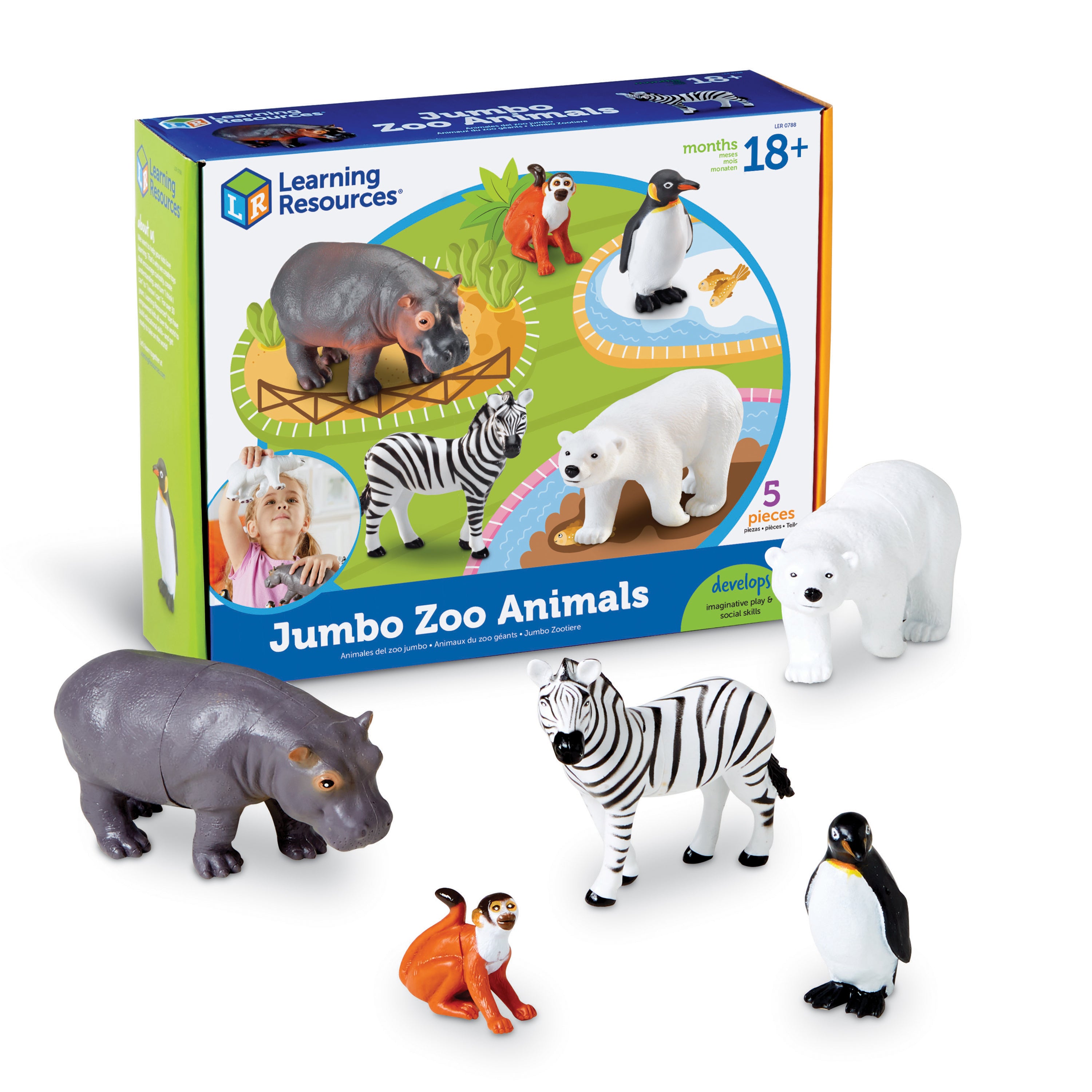 Learning Resources Jumbo Zoo Animals, Set of 5 Large Plastic Animals, Durable Pretend Play Figures, Ideal for Toddlers and Preschoolers, Includes Storage Box, Ages 3+