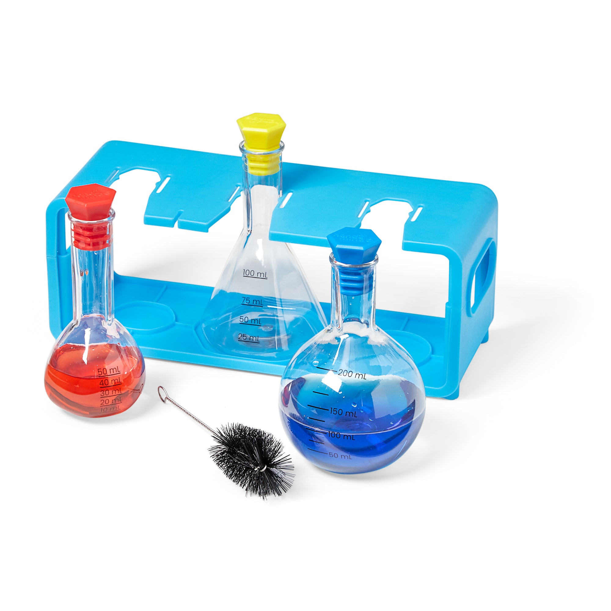 Learning Resources Starter Science Measuring Flask Set, Child-Safe Lab Equipment with 3 Flasks, Stoppers, Stand and Cleaning Brush, Ages 3 Plus