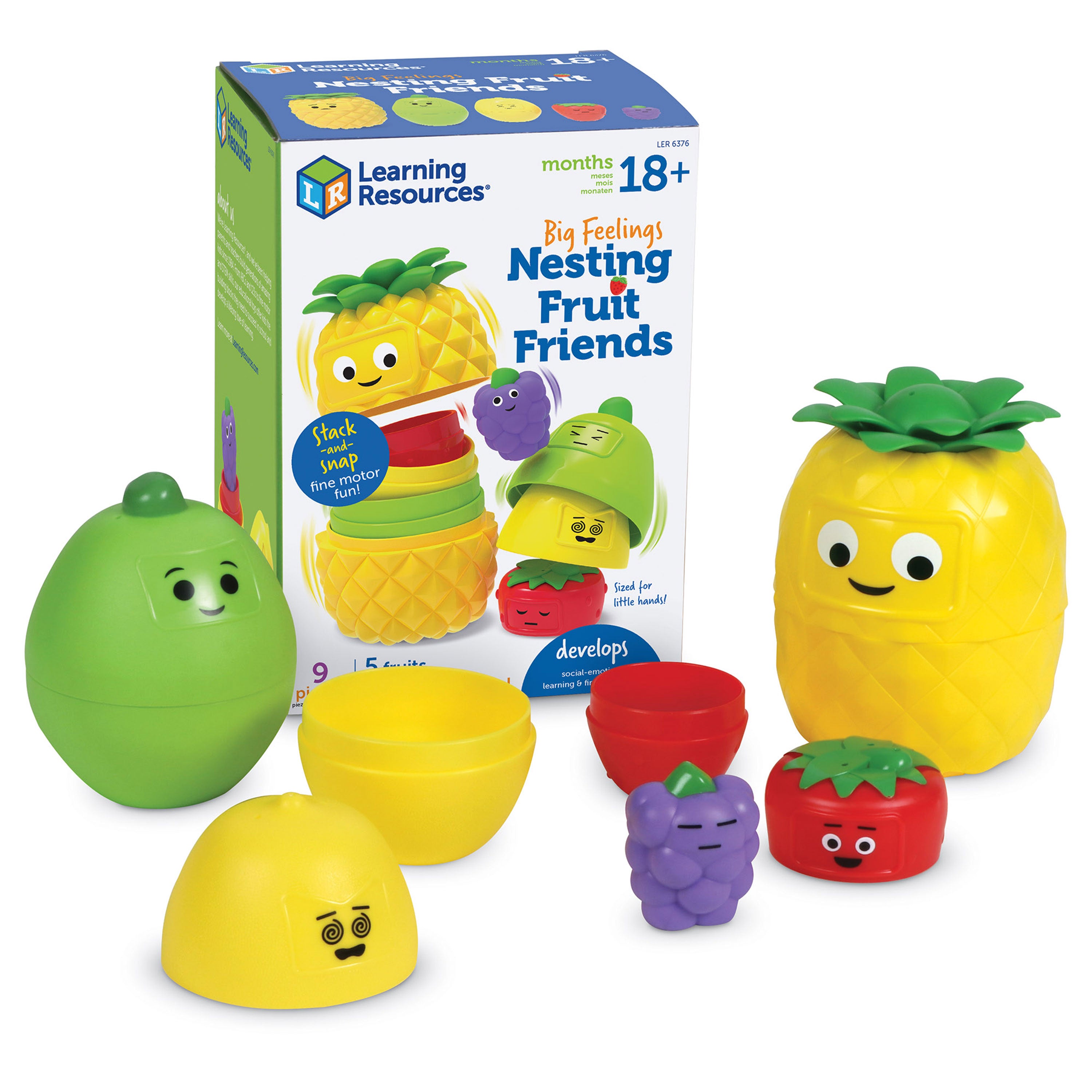 Learning Resources Big Feelings Nesting Fruit Friends, Social Emotional Learning & Sensory Play Toy, 9-Piece Nesting Set with Textured Fruit & Emotions, Ages 18 Months+
