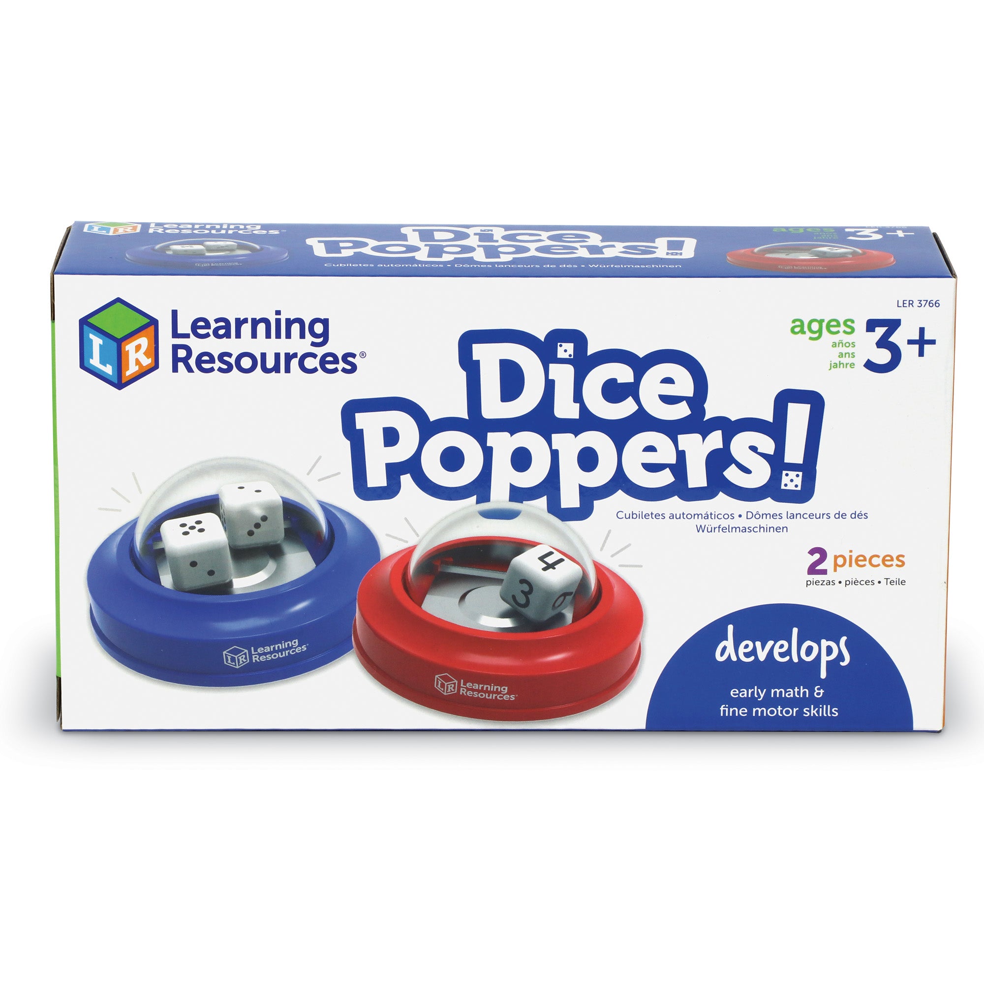 Learning Resources Dice Poppers, Set of 2 Dice in Domes, Fun Math & Game Accessory for Kids, Ages 3+, Classroom & Home Use, Red & Blue Poppers with Numeral & Dot Dice