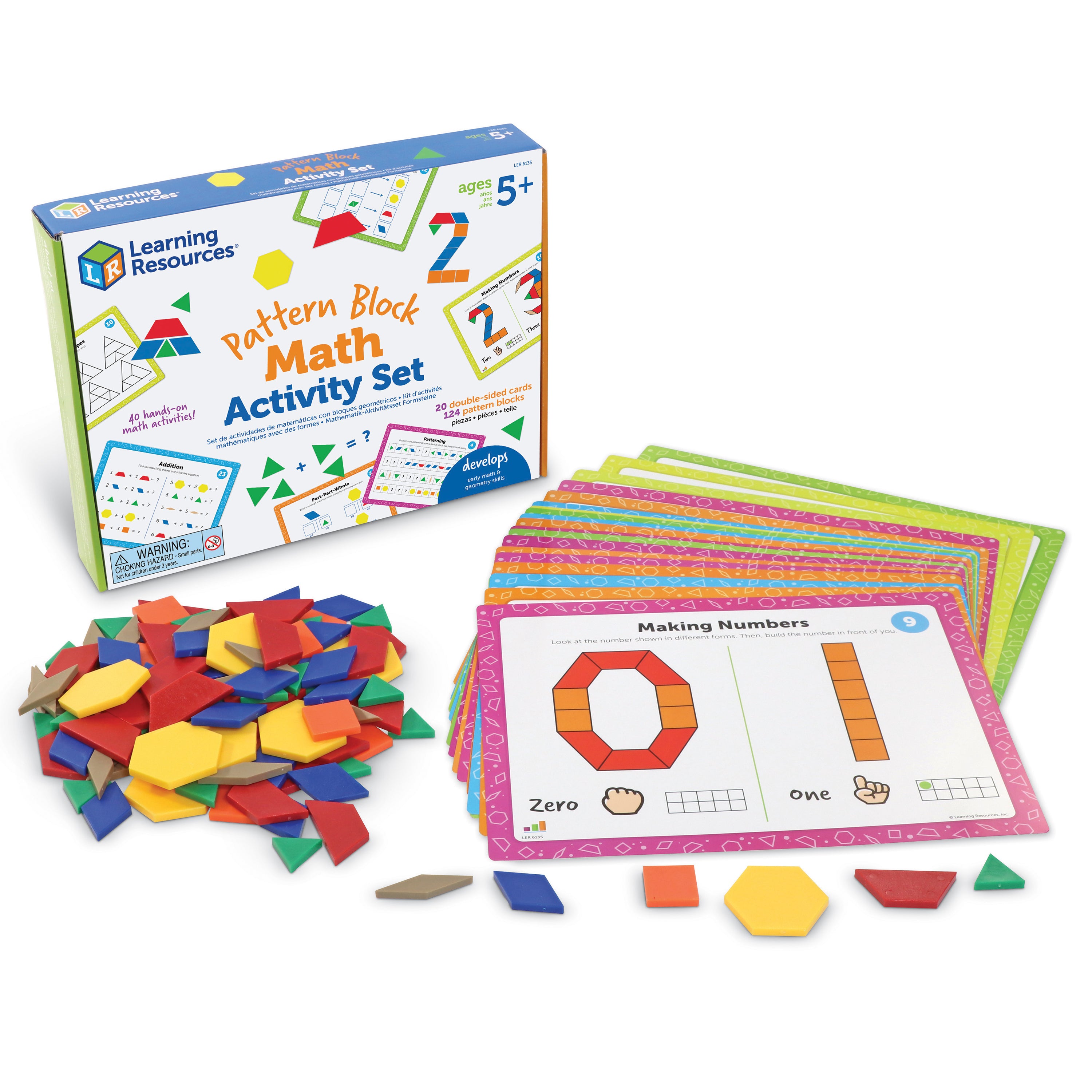 Learning Resources Pattern Block Math Activity Set, 124 Plastic Pattern Blocks, 20 Double-Sided Activity Cards, Hands-On Maths & STEM Learning, Ages 5+
