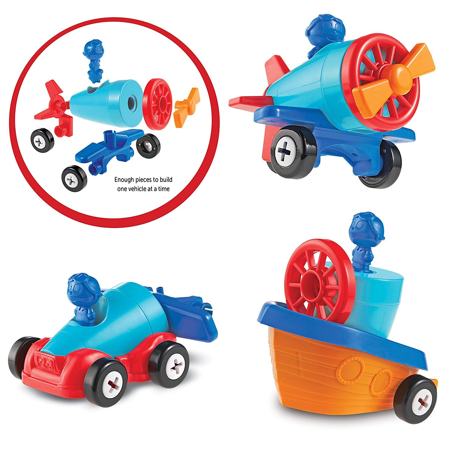 Learning Resources 1-2-3 Build It Car Plane Boat, 3-in-1 Vehicle Construction Toy for Toddlers, Fine Motor Skills and Early Engineering Play, Ages 2+
