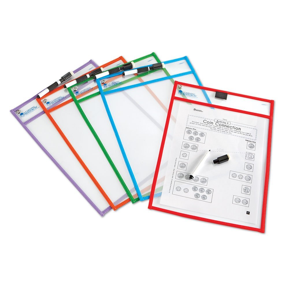 Learning Resources Write & Wipe Pockets (Set of 5), Reusable Clear Dry-Erase Pockets, Includes 5 Dry-Erase Markers with Erasers, Environmentally Friendly, Holds Up to A4 Paper, Multi-Color Set, Ideal for Ages 3+