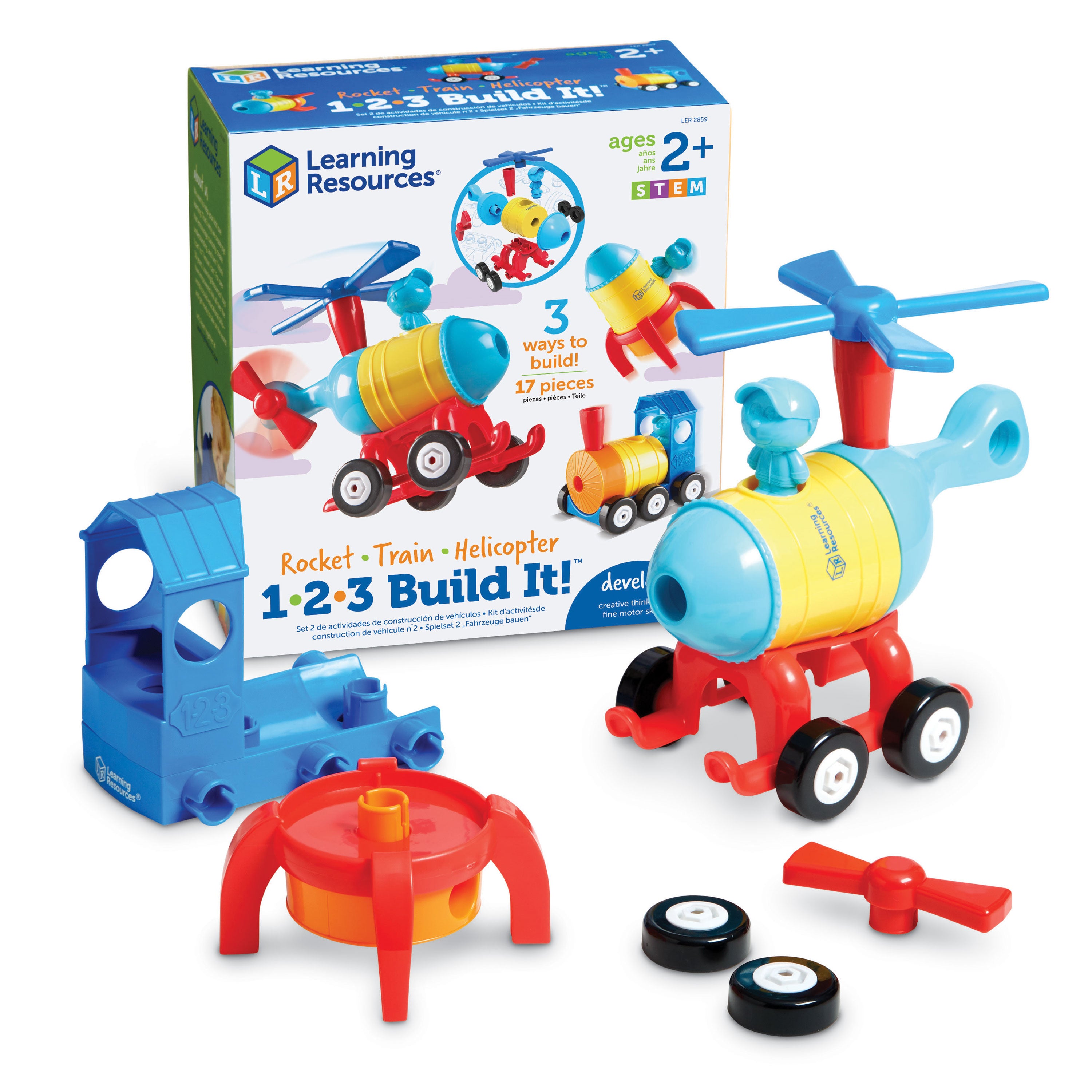 Learning Resources 1-2-3 Build It! Rocket-Train-Helicopter, 3-in-1 STEM Vehicle Building Set for Kids, Ages 2+
